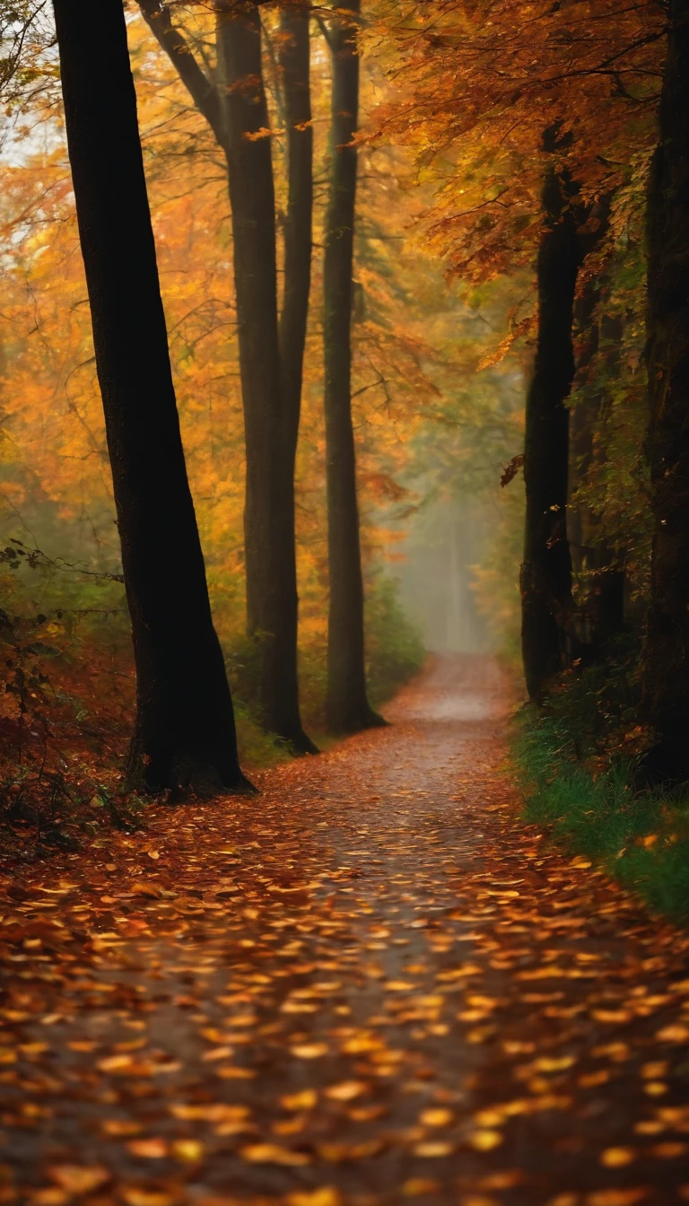 rainy days，Forest Trail，autumn，Falling Leaf
