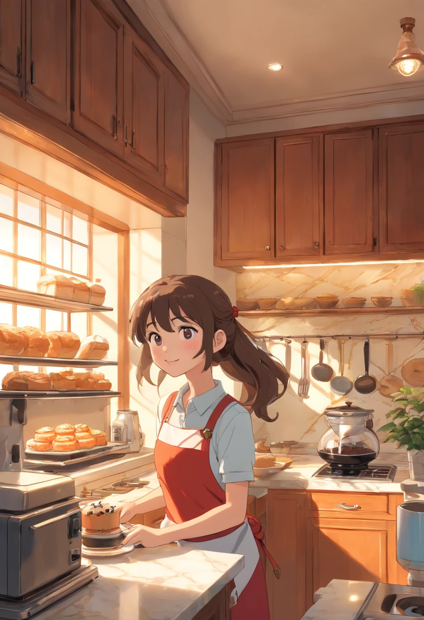 (best quality,4k,highres,masterpiece:1.2),vivid colors,sharp focus,physically-based rendering,ultra-detailed,professional,clean lighting,beautiful detailed eyes,beautiful detailed lips,wavy hair,attractive face,voluptuous figure,alluring smile,fit and stunning physique,confident posture,spacious and well-lit kitchen,modern kitchen appliances,marble countertops,stainless steel sink,gleaming glass cabinets,freshly baked goods on the counter,steam rising from a cup of coffee,detailed texture on the walls,subtle shadows and highlights,dynamic composition,domestic bliss.