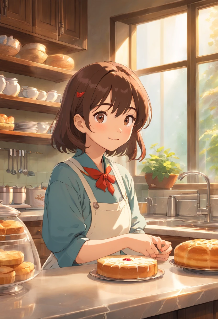 (best quality,4k,highres,masterpiece:1.2),vivid colors,sharp focus,physically-based rendering,ultra-detailed,professional,clean lighting,beautiful detailed eyes,beautiful detailed lips,wavy hair,attractive face,voluptuous figure,alluring smile,fit and stunning physique,confident posture,spacious and well-lit kitchen,modern kitchen appliances,marble countertops,stainless steel sink,gleaming glass cabinets,freshly baked goods on the counter,steam rising from a cup of coffee,detailed texture on the walls,subtle shadows and highlights,dynamic composition,domestic bliss.