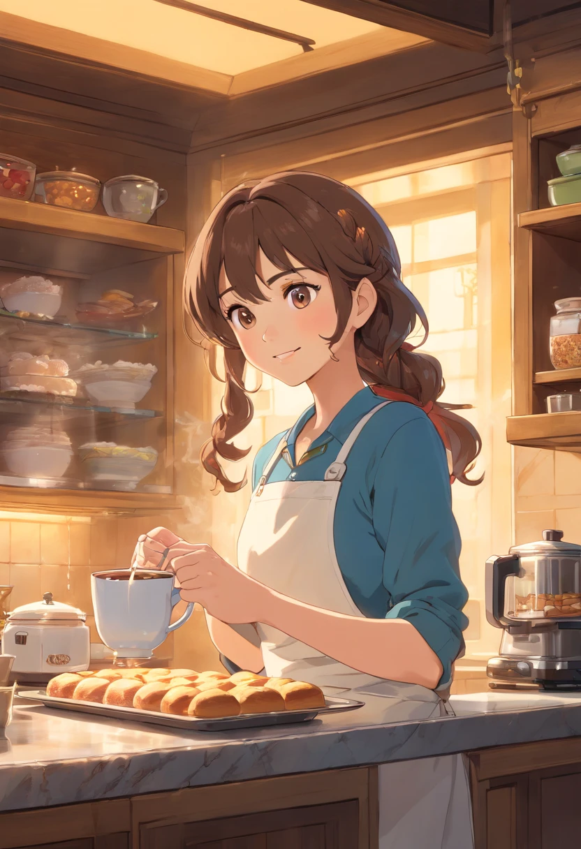 (best quality,4k,highres,masterpiece:1.2),vivid colors,sharp focus,physically-based rendering,ultra-detailed,professional,clean lighting,beautiful detailed eyes,beautiful detailed lips,wavy hair,attractive face,voluptuous figure,alluring smile,fit and stunning physique,confident posture,spacious and well-lit kitchen,modern kitchen appliances,marble countertops,stainless steel sink,gleaming glass cabinets,freshly baked goods on the counter,steam rising from a cup of coffee,detailed texture on the walls,subtle shadows and highlights,dynamic composition,domestic bliss.