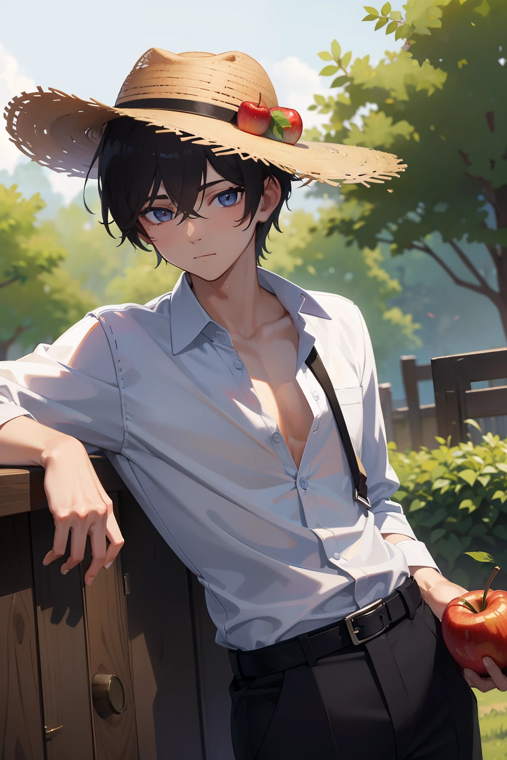 Apple harvesting Check Button Shirt JINS a straw fedora hat male people twinks {{ember}}