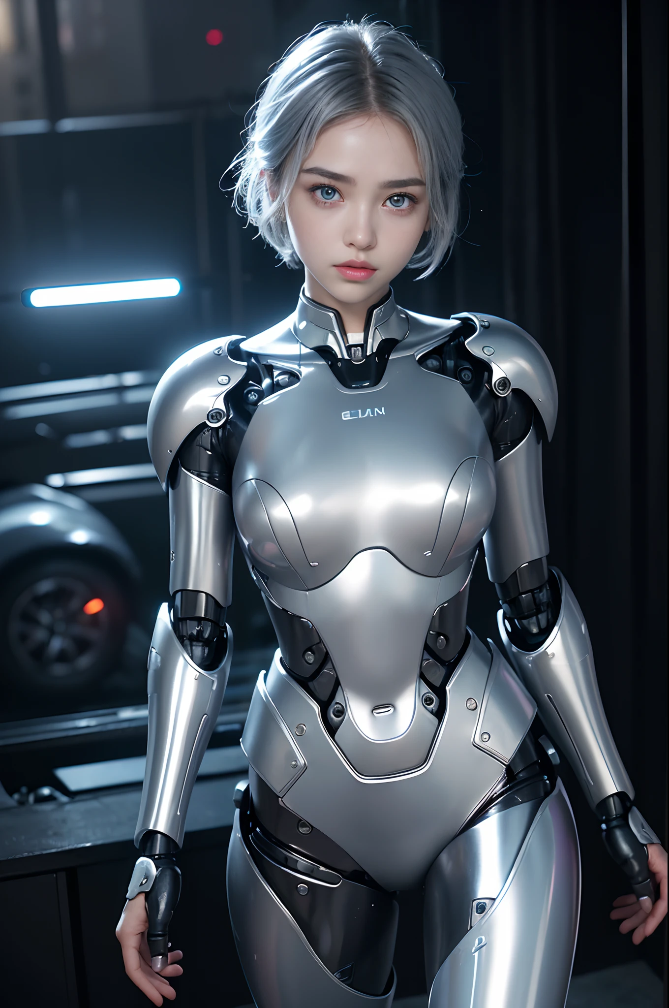 the best ever、8K,(((full body Esbian)))、(((The sheen)))、(((metalic)))、(((Very glossy mirror surface、Very hard armor)))、(((cyberpunked)))、The cute beauty of the mecha(Best Quality, Detailed details, masutepiece, , 8K, Chiaroscuro，Very shapely huge、Bust photos are ultra-realistic and realistic, Highly detailed Nikon videography )、((Beautiful and shining natural eyes))、Beautiful navel、Human skin type、（(Highly photorealistic human beings))、(Perfectly round pupils)、The details of the iris of the pupil are very amazing、(((Shining eyes)))、accurate fingers、Limbs without breakdowns、(((Caucasian 14 year old girl)))、((Very fair skin,,,,,,,,,,,,,,))、(((Details of the skin of one Caucasian girl)))、Naturally closed mouth、Natural areola、natural 、Staring eyes、Natural body、a baby face、Feminine face、Feminine body、(with round face)、a small face、soft cheeks、Looking at the camera、full body Esbian、、Beautiful and shining natural eyes、Human skin type、（(Highly photorealistic human beings))、(Perfectly round pupils)、The details of the iris of the pupil are very amazing、Limbs without breakdowns、Naturally closed mouth、Natural areola、natural 、Staring eyes、Natural body、Slightly baby-faced、Feminine face、Feminine body、with round face、a small face、soft cheeks、Looking at the camera、full body Esbian、Balanced face、drooing eyes、(((Not a crushing eye)))、Body with human-like proportions、(((Slightly longer arms)))、(rather long torso)、(((slightly larger hands)))、human face、(((Glowing blue light blue silver hair)))、(((Cool and cute short-cut hair)))、(((The background is the future)))、(((8 Head Body)))、(((Luminescent light purple eyes)))、(((Thin thin silver eyebrows)))、(((Thin eyebrows)))、Looking here、(Gentle double eyelids)、(((Gentle face)))、(((Background Mecha)))、bladerunner、(((RoboCop)))、Ghost in the Shell、tron、Space Detective Gavan、Swat、police officers、(((Night background)))、(((No makeup)))、(((Hollywood Science Fiction Movie Lighting))、(((New York in 5000 AD)))、(((Te（layer)))、Height 164cm、Leg length 80cm、