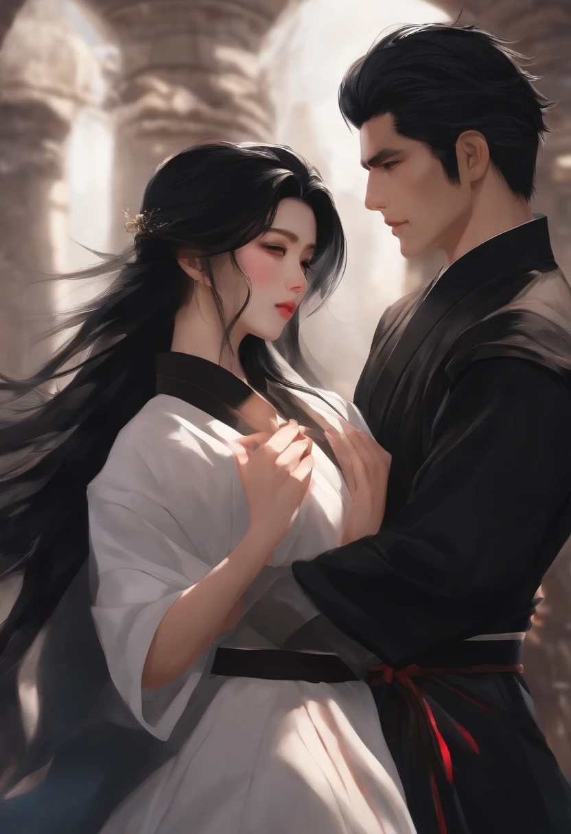 A young man and young woman walking togetger through a misty forest at dawn. The man wears simple, modest attire in earthy tones, while the beautiful young woman is dressed in an elegant white hanfu with delicate red accents, befitting a noble lady. They are engaged in conversation as they stroll side by side along a narrow forest path. Soft morning light filters through the trees, creating a dreamy atmosphere. The scene is set in a traditional wuxia-style world, with ancient Chinese aesthetics. Highly detailed, soft lighting, realistic proportions, and natural poses. Capture the serenity of the early morning and the subtle intimacy between the characters.