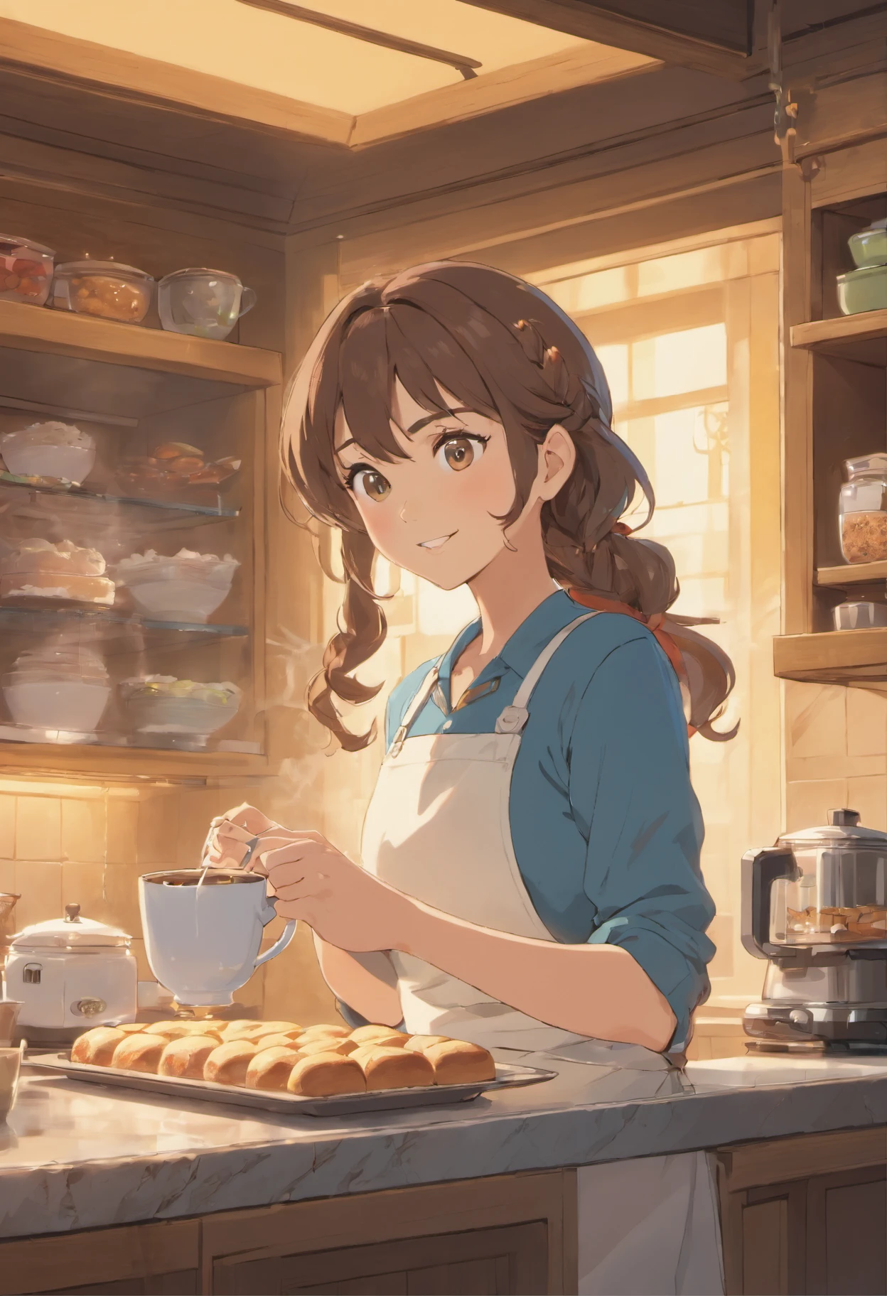 (best quality,4k,highres,masterpiece:1.2),vivid colors,sharp focus,physically-based rendering,ultra-detailed,professional,clean lighting,beautiful detailed eyes,beautiful detailed lips,wavy hair,attractive face,voluptuous figure,alluring smile,fit and stunning physique,confident posture,spacious and well-lit kitchen,modern kitchen appliances,marble countertops,stainless steel sink,gleaming glass cabinets,freshly baked goods on the counter,steam rising from a cup of coffee,detailed texture on the walls,subtle shadows and highlights,dynamic composition,domestic bliss.
