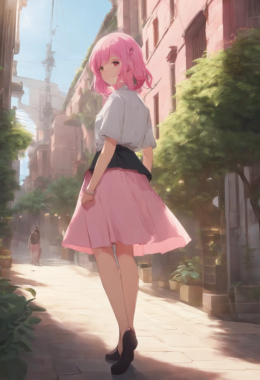 Masterpiece, Best quality, A high resolution, absurderes, 1girll, crowd, Skirt, Pink hair, Kasai Yuno, From below, Clothing that exposes, skin indentation, Outdoors, Sunlight, street, view the viewer, Blush,