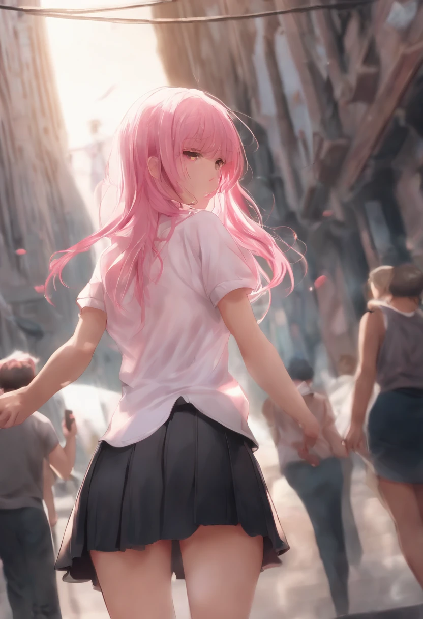 Masterpiece, Best quality, A high resolution, absurderes, 1girll, crowd, Skirt, Pink hair, Kasai Yuno, From below, Clothing that exposes, skin indentation, Outdoors, Sunlight, street, view the viewer, Blush,