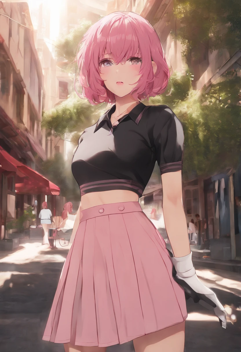 Masterpiece, Best quality, A high resolution, absurderes, 1girll, crowd, Skirt, Pink hair, Kasai Yuno, From below, Clothing that exposes, skin indentation, Outdoors, Sunlight, street, view the viewer, Blush,