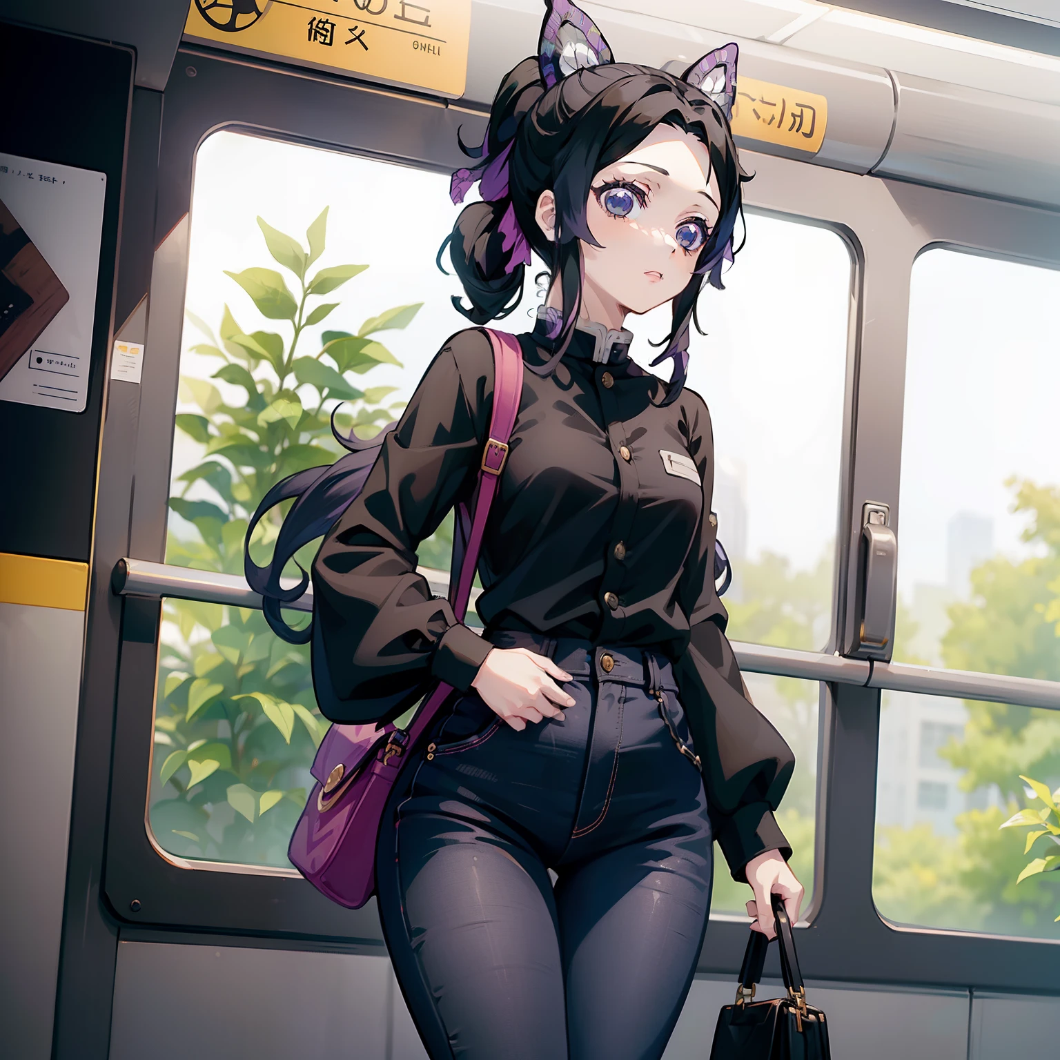 1 Girl, Shinobu Kocho ( Kimetsu no Yaiba) , tight Jeans, Black Shirt, small breasts, Holding Bag , inside a Train, Standing,