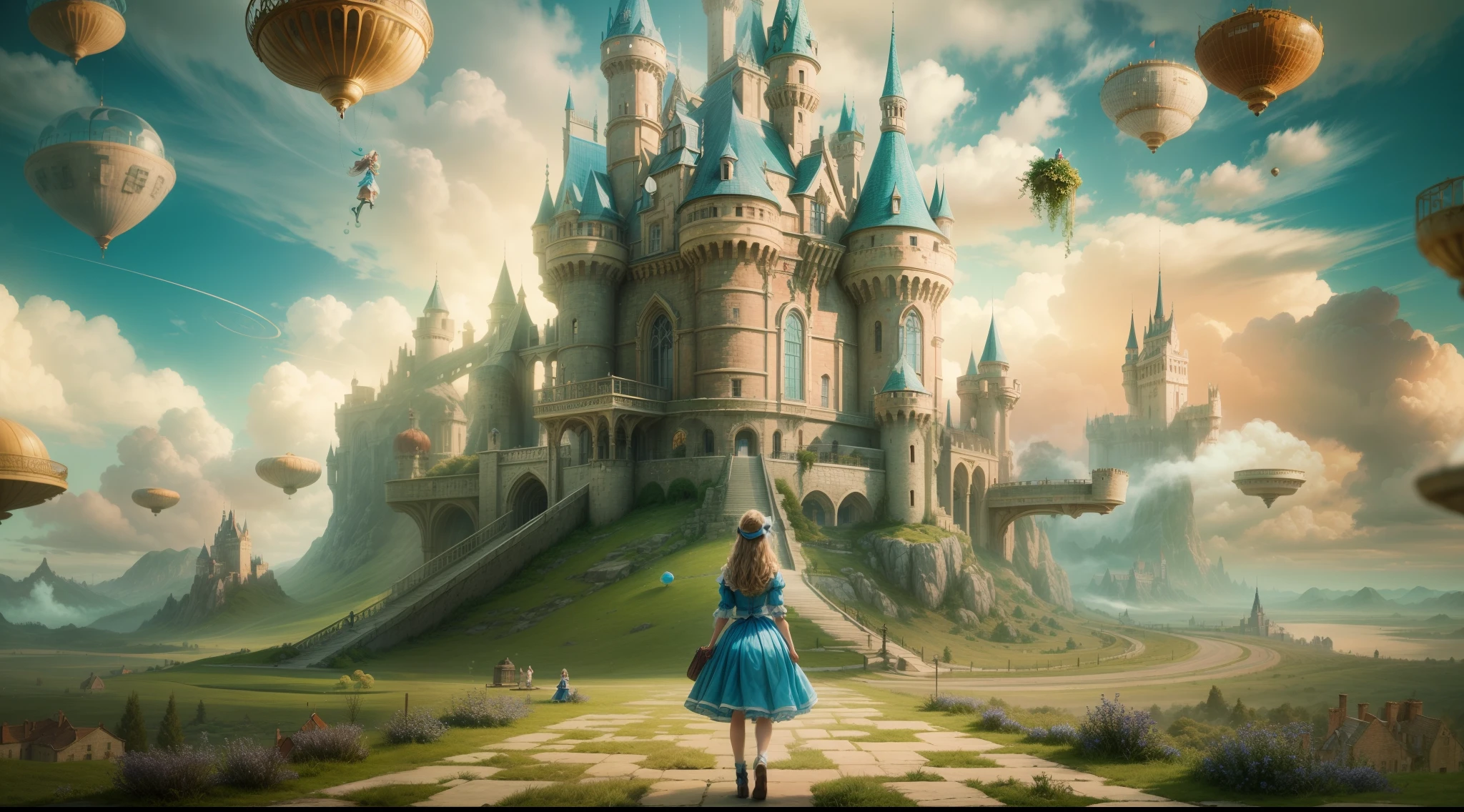 arafed view of a castle with a woman walking in front, inside her surreal vr castle, beautiful castle, beautiful render of a fairytale, like alice in wonderland, flying cloud castle, very far royal steampunk castle, photorealistic disney, magical castle, in a castle on an alien planet, alice attends mad tea party, standing near a castle, abandoned castle in the sky