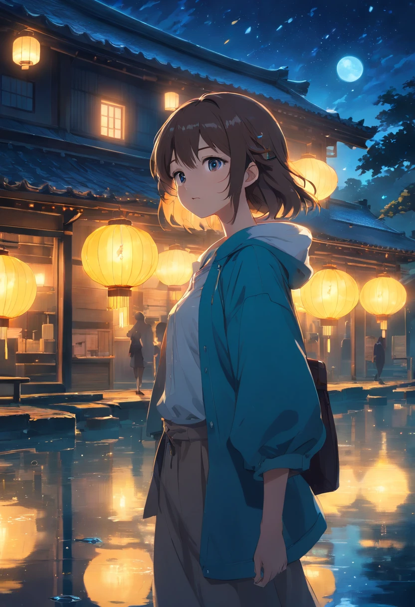 Landscape, dynamic, Top quality masterpiece, deep focus, lots fliying fireflies, lots lamp, many lots falling leaf, falling lead is a strong glow light, glow particle, anime, object, girl (girl walking a long masterpiece) (long object), yellow and orange and blue and dark cerulean color combination, glow light, morning, night, house, water, reflection, beautiful anime scene, artwork in the style of guweiz, andreas rocha style, inspired by Andreas Rocha, japanese concept art, volumetric lighting, by Yang J, epic concept art. bokeh, trending on cgstation, anime beautiful peace scene, many lots of glow particle, lanscape, 4k beautiful night anime, intricate, elegant, point of interest photography, perfect night anime (masterpiece, side lighting, finely detailed beautiful night lanscape), long hair, dynamic sky, ray of light, rule of third photography, point of interest photography, perfect landscape color tone, leaf, falling leaf, dew, little water, water reflection, Fog, saturation glow light, perfect yellow light