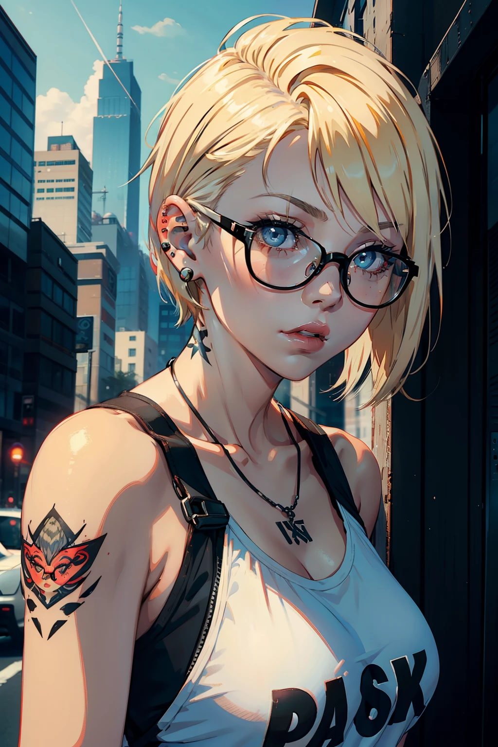 young woman, riley nixon haircut, shaved hair, blonde hair, very short hair, bald, white tank t-shirt shirt, red moon tattoo, right arm tattooed, wearing glasses, blonde hair, riley nixon haircut, lipstick Black, piercings on the face, on a skyscraper, Looking at the viewer, Storm city, 4k