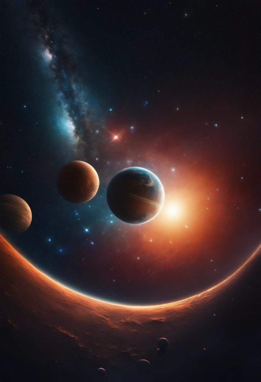 A view of the starry sky with planets orbiting it