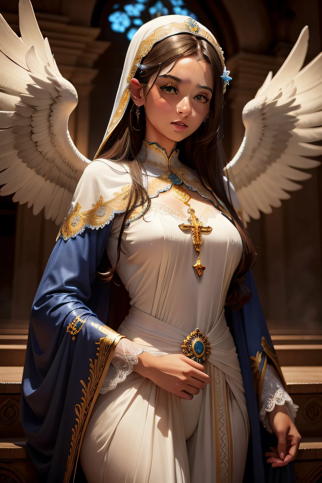 Retratar um belo anjo coberto com a roupa de Nossa Senhora do Azul de forma realista