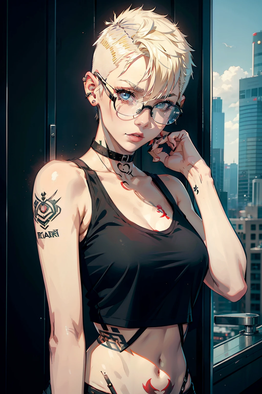 young woman, riley nixon haircut, shaved hair, blonde hair, very short hair, bald, white tank t-shirt shirt, red moon tattoo, right arm tattooed, wearing glasses, blonde hair, riley nixon haircut, lipstick Black, piercings on the face, on a skyscraper, Looking at the viewer, Storm city, 4k