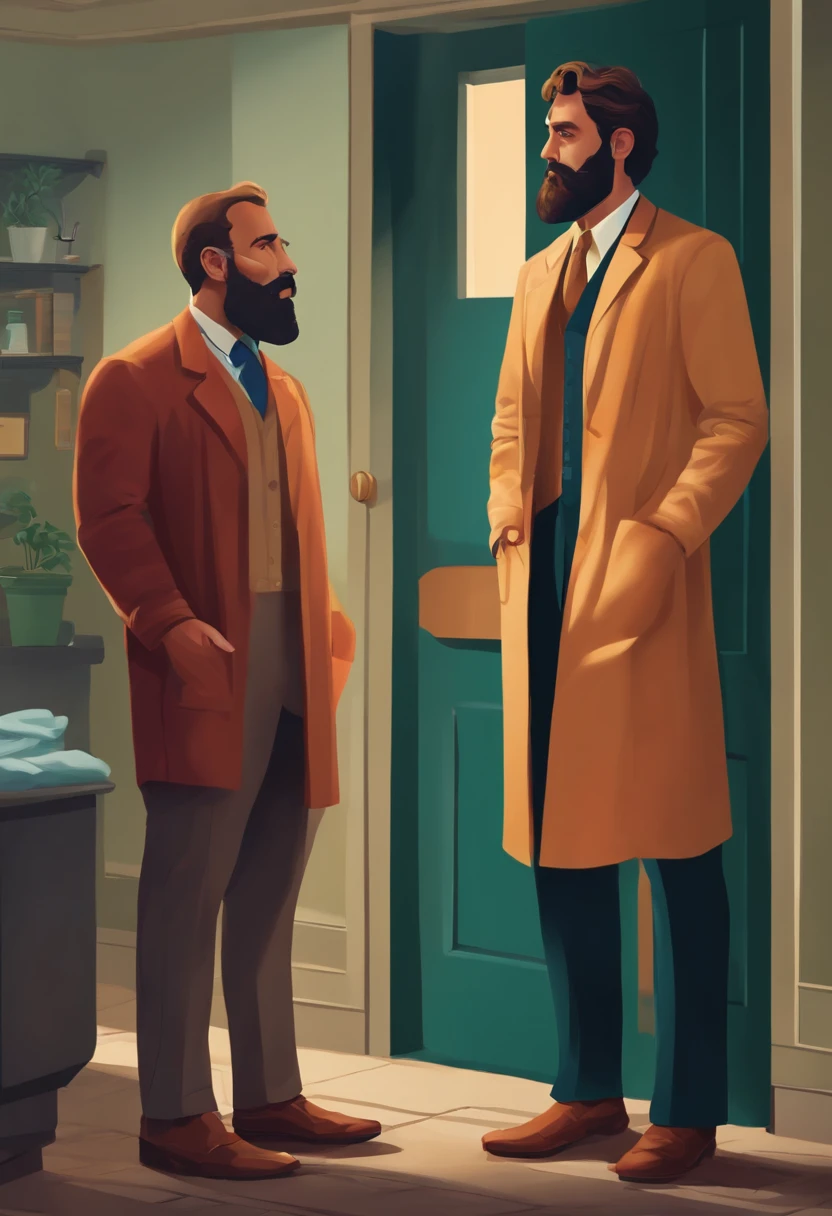 A tall, masculine, bearded man with disproportionately large feet and a slim fit physique stands in front of a middle-aged male doctor, who is noticeably shorter and not wearing shoes, but only socks