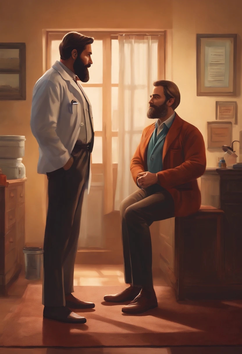 A tall, masculine, bearded man with disproportionately large feet and a slim fit physique stands in front of a middle-aged male doctor, who is noticeably shorter and not wearing shoes, but only socks