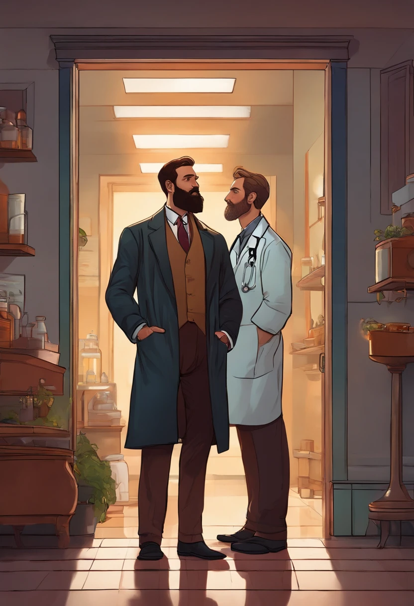 A tall, masculine, bearded man with disproportionately large feet and a slim fit physique stands in front of a middle-aged male doctor, who is noticeably shorter and not wearing shoes, but only socks