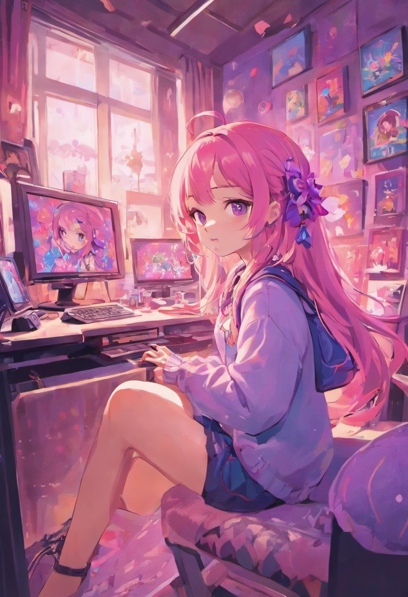 (best quality,highres:1.2),ultra-detailed,realistic,photorealistic:1.37,a girl in her bedroom,beautiful detailed eyes,beautiful detailed lips,long eyelashes,happy expression,enjoying herself,enthusiastically playing video games with a controller,reflections on the TV screen,comfortable sitting posture,homely atmosphere,soft natural lighting,cute and colorful decorations,posters of her favorite video games on the walls,cozy carpeted floor,surrounded by plush toys and game consoles,pink and purple color scheme,dynamic and vibrant atmosphere,playful and energetic vibes