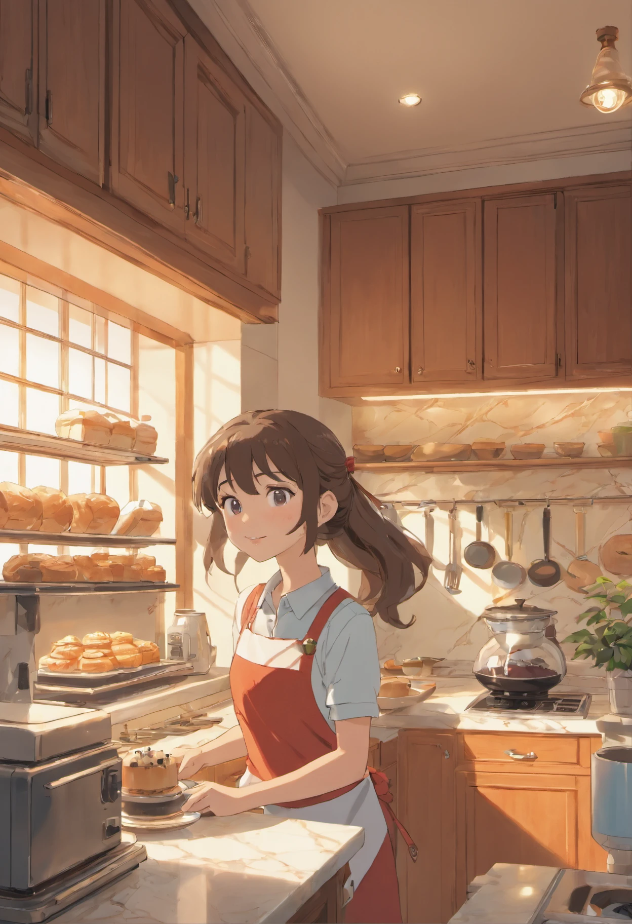 (best quality,4k,highres,masterpiece:1.2),vivid colors,sharp focus,physically-based rendering,ultra-detailed,professional,clean lighting,beautiful detailed eyes,beautiful detailed lips,wavy hair,attractive face,voluptuous figure,alluring smile,fit and stunning physique,confident posture,spacious and well-lit kitchen,modern kitchen appliances,marble countertops,stainless steel sink,gleaming glass cabinets,freshly baked goods on the counter,steam rising from a cup of coffee,detailed texture on the walls,subtle shadows and highlights,dynamic composition,domestic bliss.
