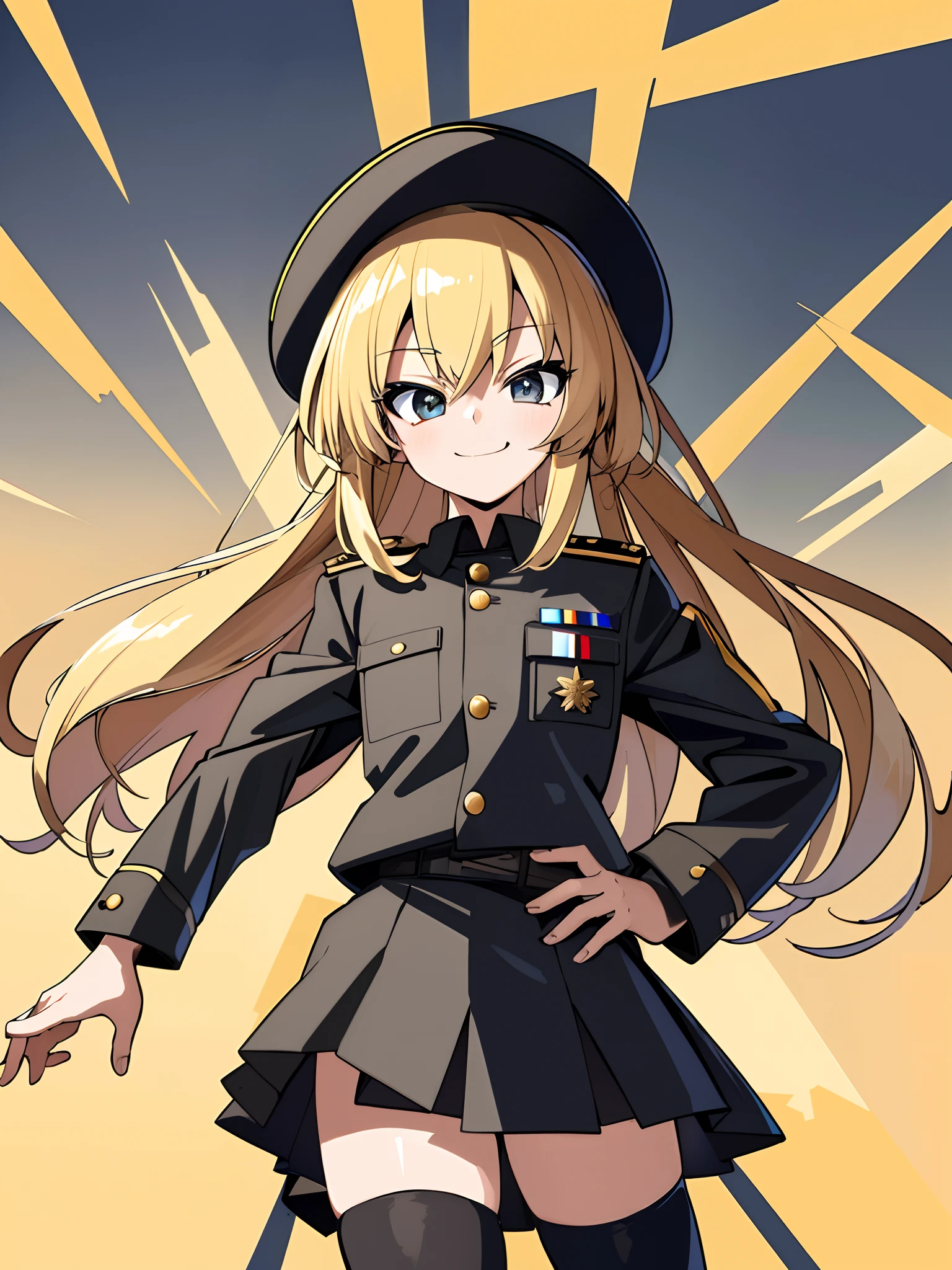 ((Masterpiece:1.4, Best_quality, Ultra-detailed))++, 1girll, Solo, Cowboy shot, Smile, Closed mouth, Smug, Military jacket, military hat, Blonde hair, double tails, tsurime, Black miniskirt, pencil skirts, black kneehighs, zettai ryouiki, Flat chest, army suit, tiese,