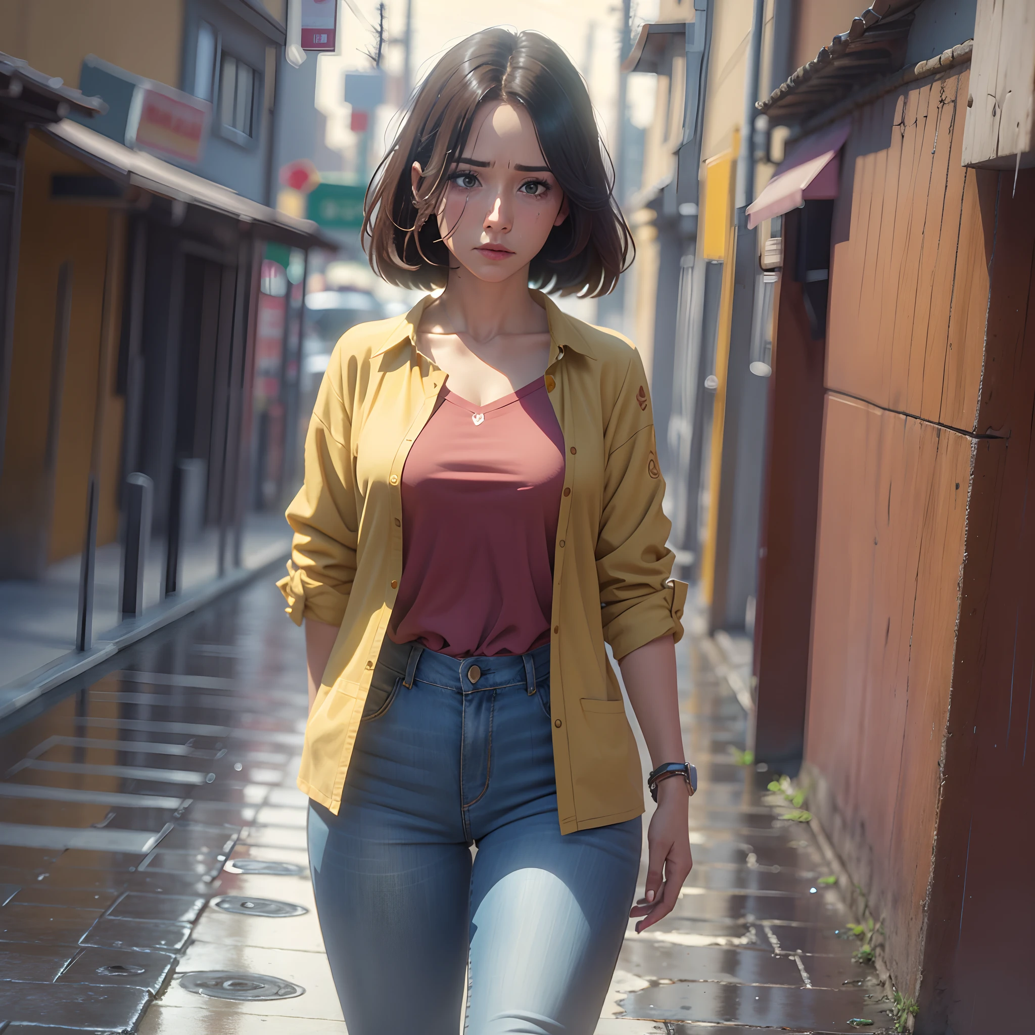 uma mulher [(tristeza)], camisa amarela, jeans, , tear, tear, (roupas molhadas), (((chuva real))) , cabelo molhado, loiro, ondulado, uma rua deserta, Alone, caminhando pela rua sozinha, muita chuva, roupa molhada. --auto --s2