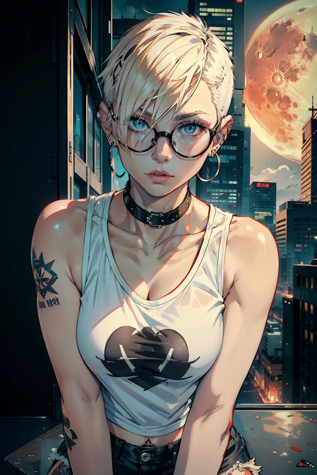 young woman, riley nixon haircut, shaved hair, blonde hair, very short hair, bald, white tank t-shirt shirt, red moon tattoo, right arm tattooed, wearing glasses, blonde hair, riley nixon haircut, lipstick Black, piercings on the face, on a skyscraper, Looking at the viewer, Storm city, 4k