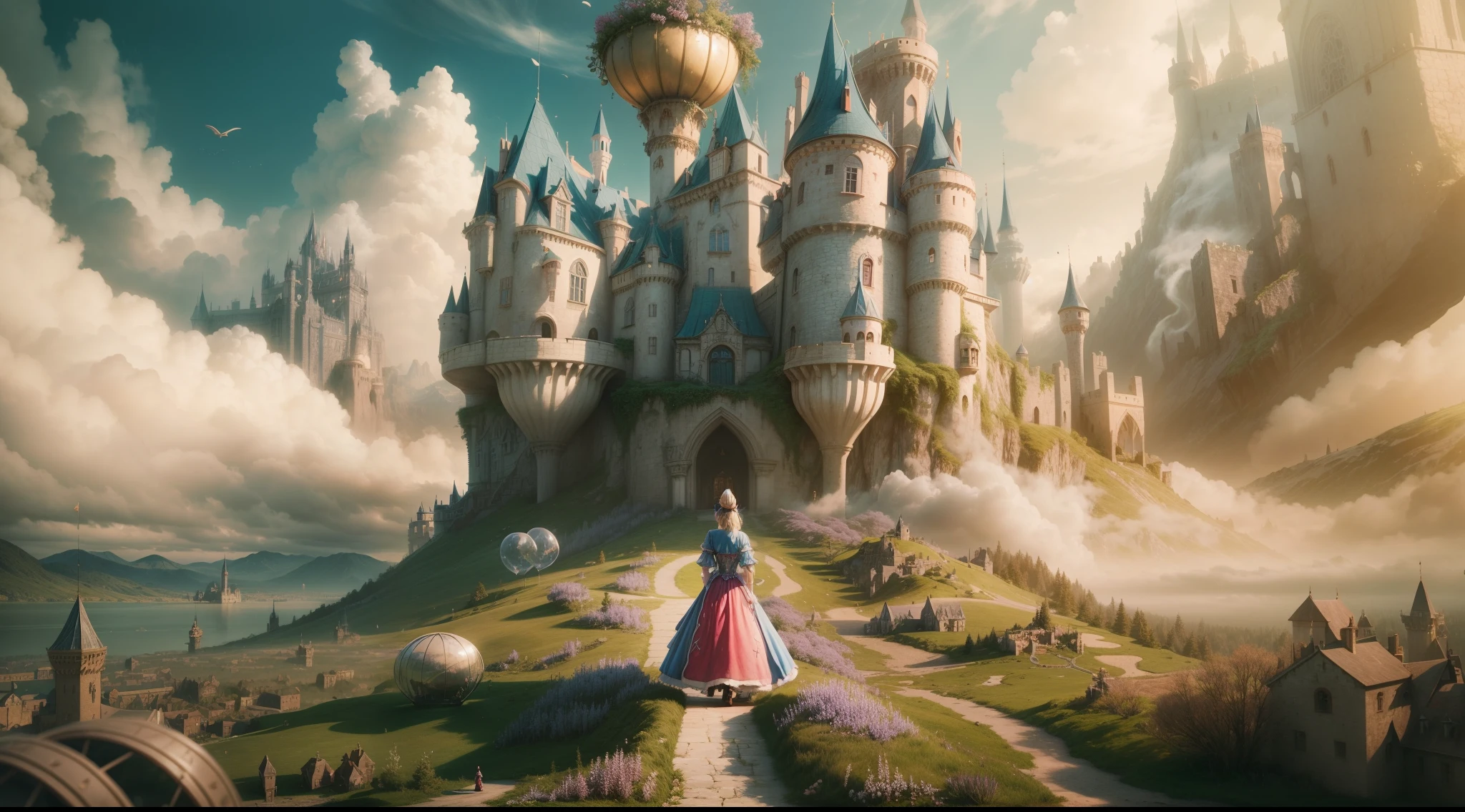 arafed view of a castle with a woman walking in front, inside her surreal vr castle, beautiful castle, beautiful render of a fairytale, like alice in wonderland, flying cloud castle, very far royal steampunk castle, photorealistic disney, magical castle, in a castle on an alien planet, alice attends mad tea party, standing near a castle, abandoned castle in the sky