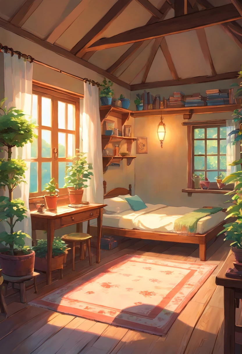 (a bedroom in a cottage,soft lighting,plants on shelf):(best quality,ultra-detailed),oil painting,cozy,relaxing atmosphere,warm color palette,natural light,bokeh,vivid colors,comfortable bed,wooden furniture,reclaimed wood decor,cosy rug,floral print curtains,soft cushions,reading nook,lamp,potted plants,peaceful ambiance,gentle light,serene,calm,tranquil,homey,romantic