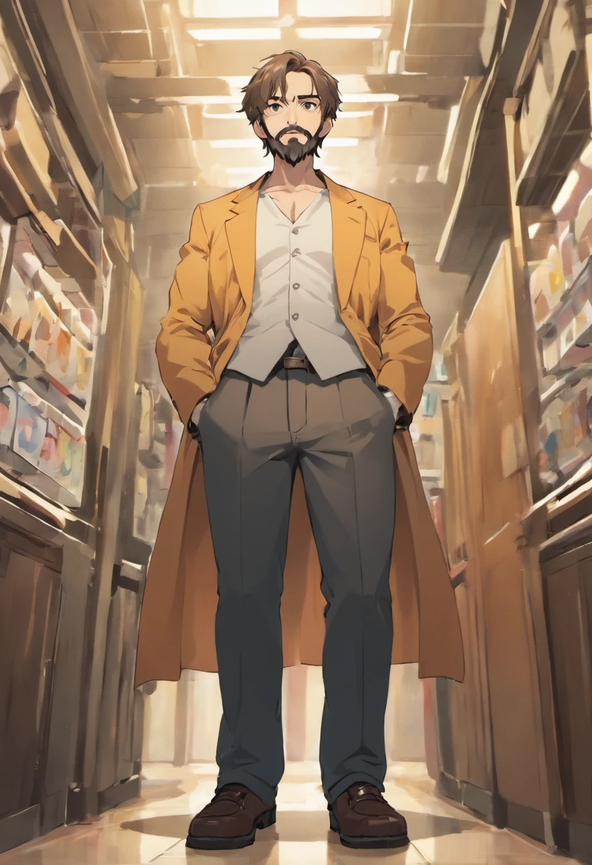 A tall, masculine, bearded man with disproportionately large feet and a slim fit physique stands in front of a middle-aged male doctor, who is noticeably shorter and not wearing shoes, but only socks.