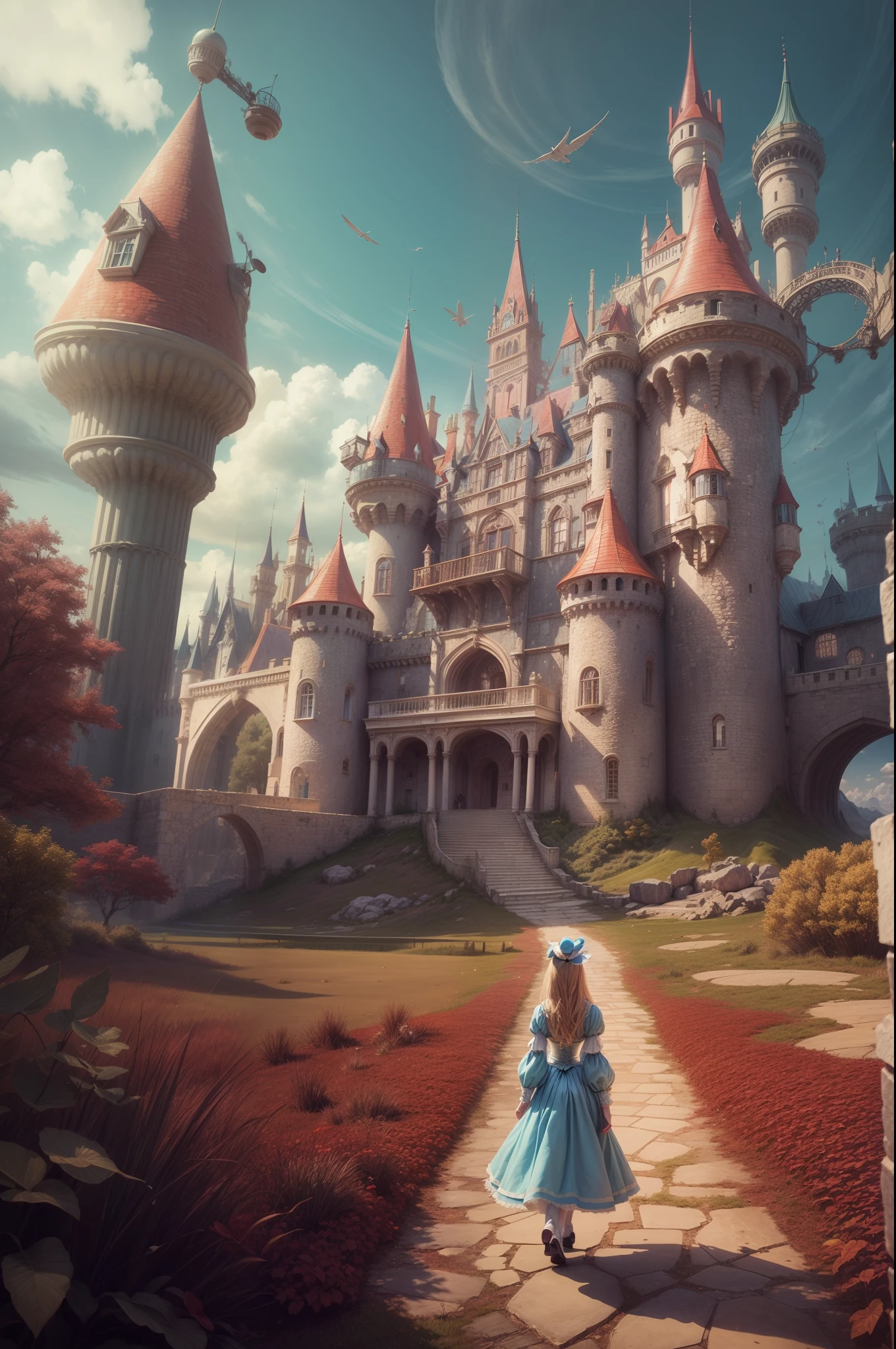 arafed view of a castle with a woman walking in front, inside her surreal vr castle, beautiful castle, beautiful render of a fairytale, like alice in wonderland, flying cloud castle, very far royal steampunk castle, photorealistic disney, magical castle, in a castle on an alien planet, alice attends mad tea party, standing near a castle, abandoned castle in the sky