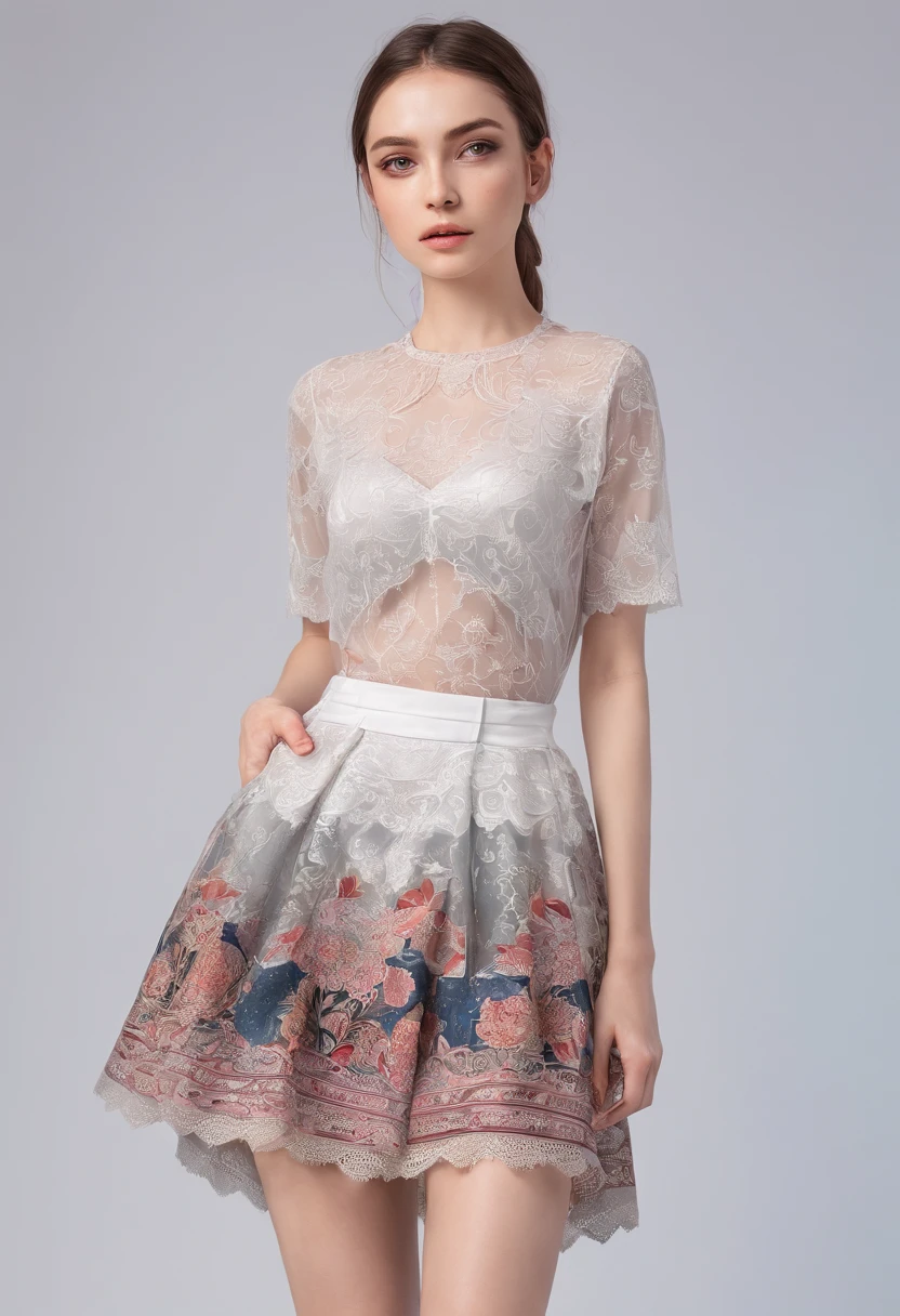 Young beautiful girl, A highly detailed, formal art, unity 8k wallpaper, (Fashion magazine cover:1.3), BREAK，Sheer skirt short waist and long hems , Short and tight T-shirt, 
, mandala