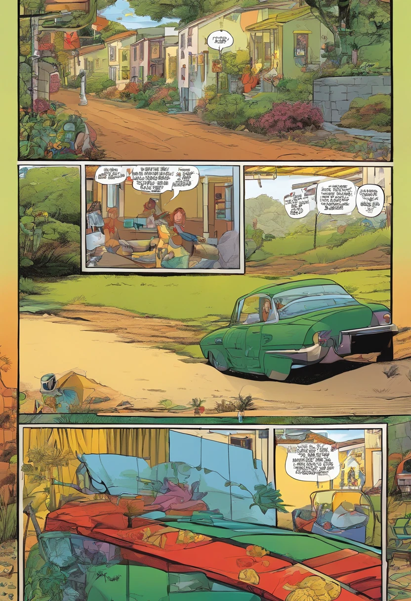 Amerikanische Comics, The comic story is presented in several irregular panels with color. Die Amerikanisch Kurzhaarkatze durchlebt Schwierigkeiten, while she runs away from home, und vereint sich dann wieder mit ihrem Besitzer. The style is exaggerated and detailed