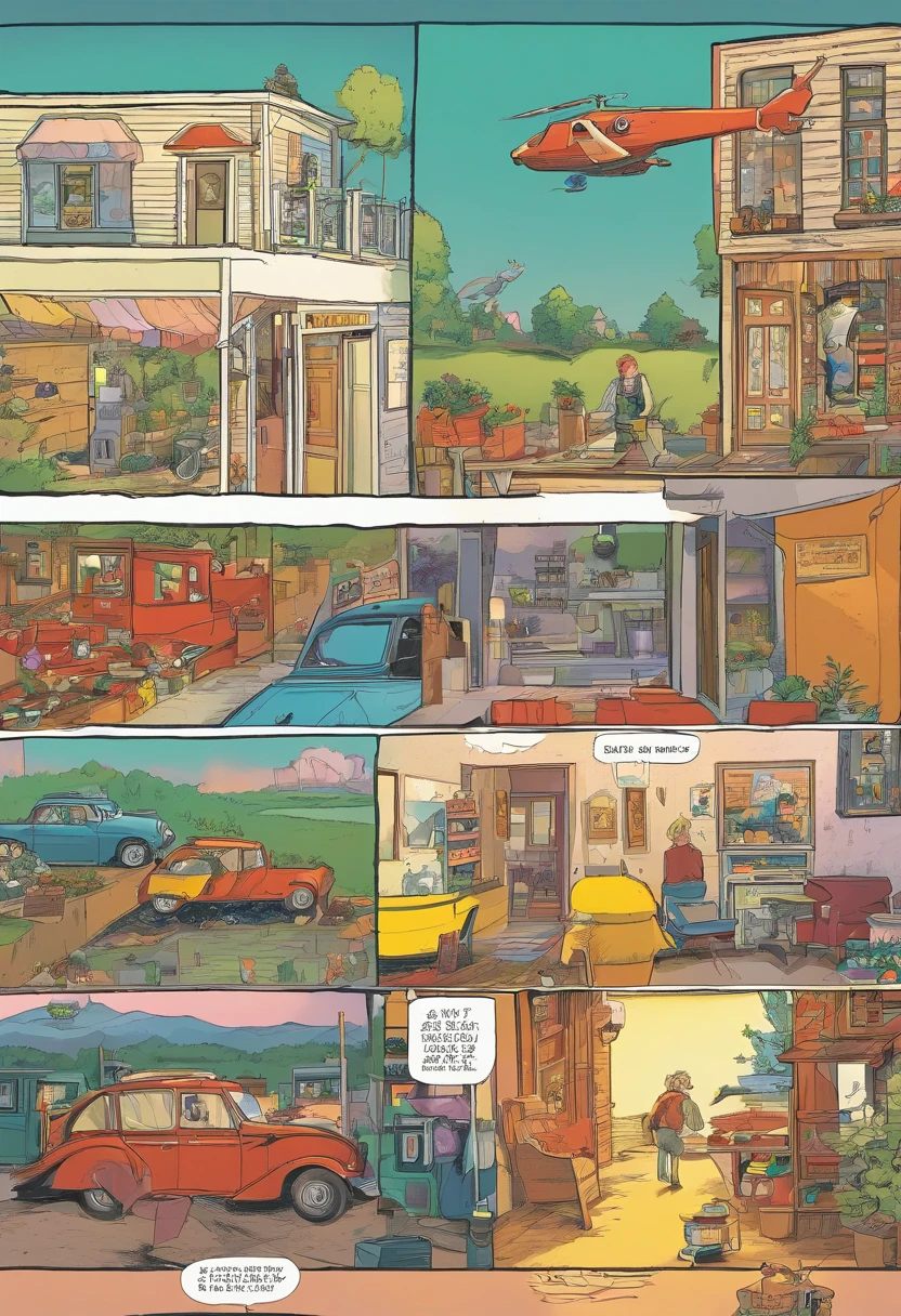Amerikanische Comics, The comic story is presented in several irregular panels with color. Die Amerikanisch Kurzhaarkatze durchlebt Schwierigkeiten, while she runs away from home, und vereint sich dann wieder mit ihrem Besitzer. The style is exaggerated and detailed