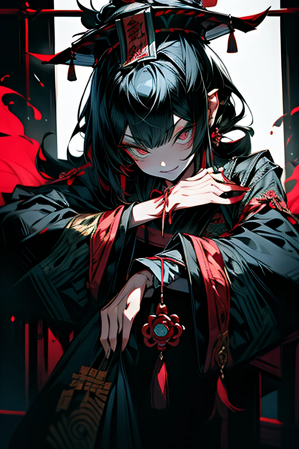 Chinese Gothic Punk、JIANGSHI style,Daughter of the Chinese emperor、Overwhelming intimidation、Emitting majesty from the whole body、Put your hands in your sleeves,(Comic Noir Style),(linear art_Anime),(solid color_highcontrast),(masutepiece, Best Quality, ),(Laura Bad Picture:1.2),(Lora Add Details:1.2),8K, Flat color:1.2,1girl in,JIANGSHI QUEEN SITTING ON A CRIMSON THRONE WEARING A HEAVY CLOAK,JIANGSHI,BEAUTY JIANGSHI、Very long hair、Chinese Opera style makeup,Luxurious costume with beautiful embroidery_Dragon and phoenix embroidery:1.2,(lora:add more detail:1.2)