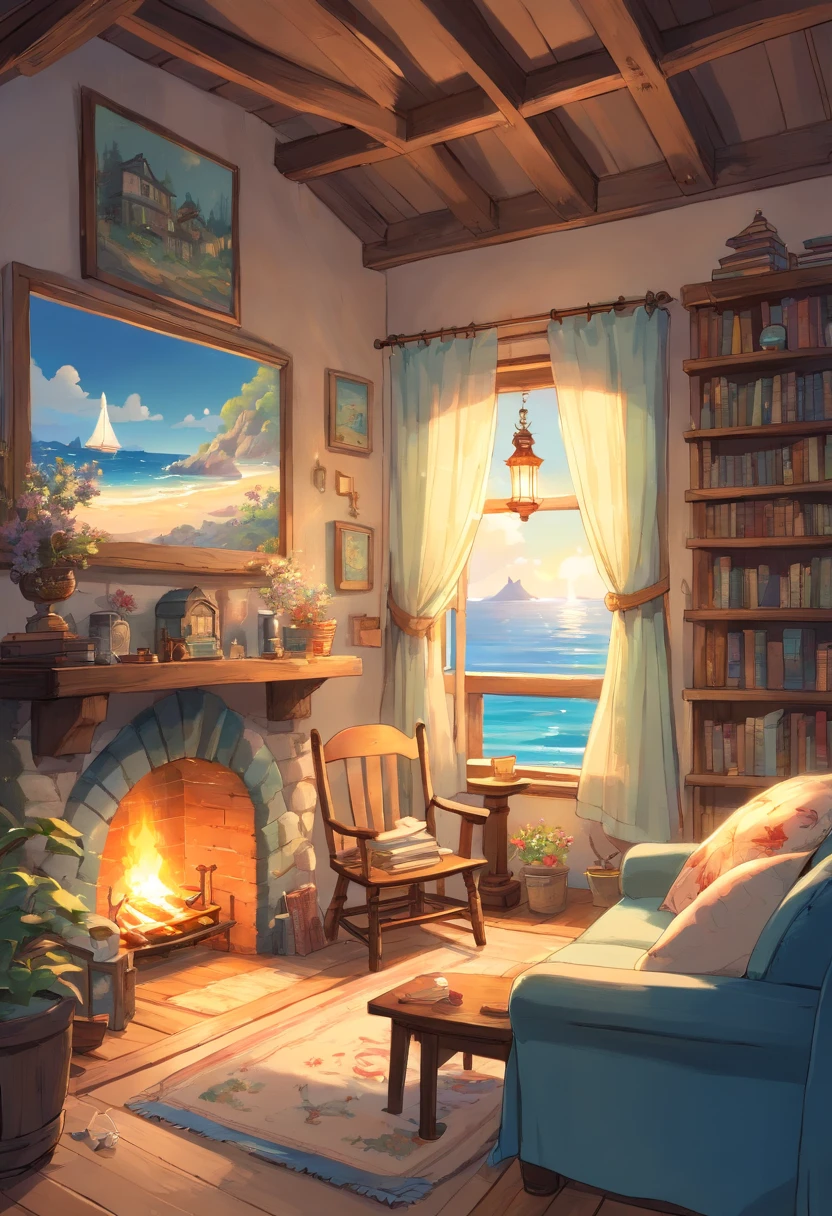 (a cozy cottage bedroom:1.1,subtle blue themeing:1.1),by the sea,slightly messy,ocean breeze,comfortable bed,soft and fluffy pillows,warm woolen blanket,weathered wooden floor,clamshell-shaped nightstands,vintage lamp with a soft glow,seashell decorations on the windowsill,gentle waves crashing outside,seagull sounds in the distance,lightly ruffled curtains,slightly open window overlooking the sea,peaceful and serene atmosphere,distant lighthouse guiding the way,old-fashioned rocking chair by the fireplace,bookshelf filled with well-loved novels and seafaring tales,crackling fire casting a warm glow,cozy armchair next to a small side table,teacup steaming with fragrant herbal tea,dreamcatcher hanging above the bed,soft sunlight streaming in through the curtains,laid-back and relaxed vibe,mix of rustic and nautical elements,warm and inviting ambiance