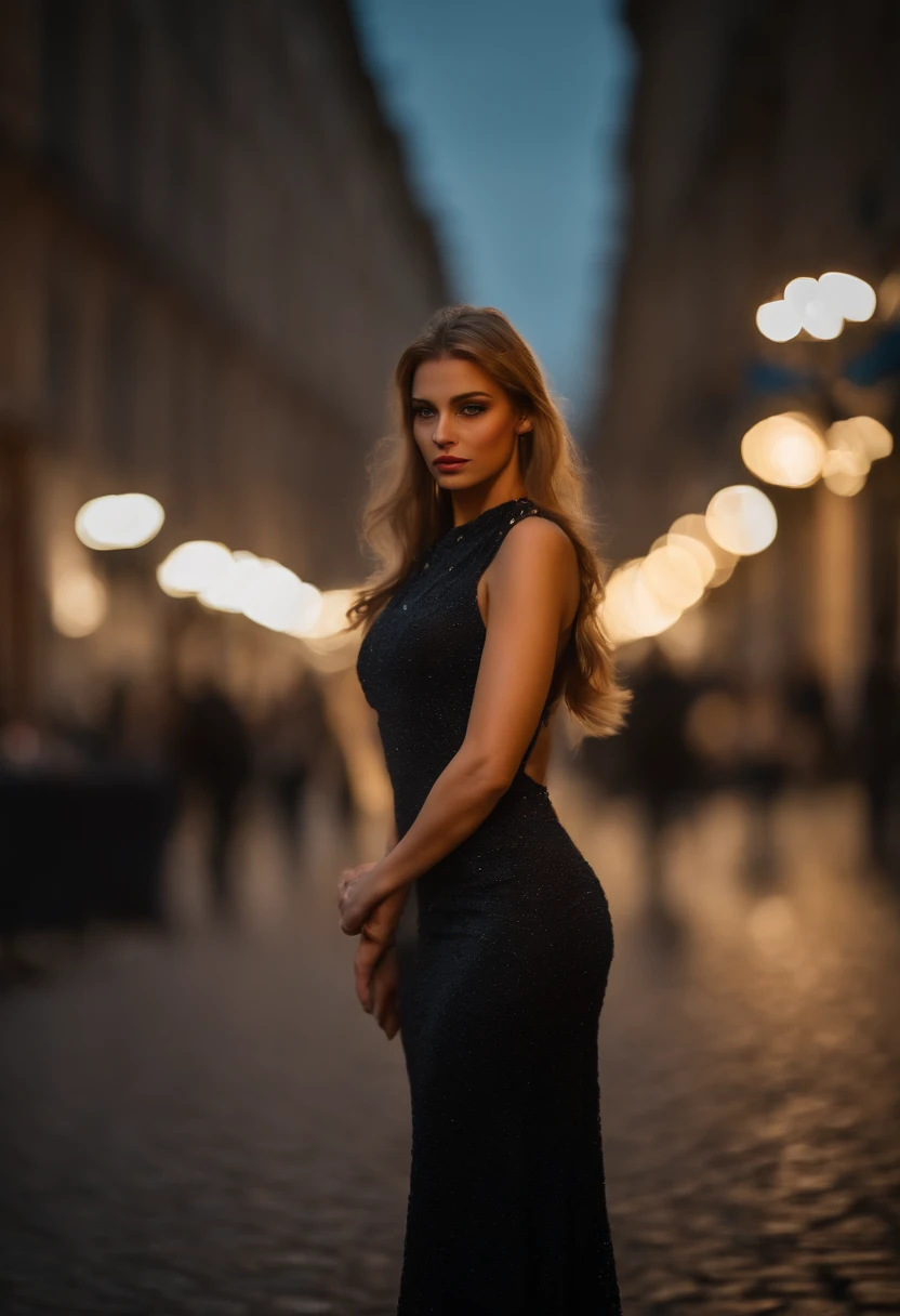 8k, Masterpiece, Photo brute, beste-Qualit, Fotorealistik, highly detailed CG Unity 8k wallpaper, profondeur de champ, cinematic light, Flaresi de lentille, Ray Tracing, (An extremely beautiful face, lovely lips, beaux yeux), Face with intricate details, (ultra-detailed skin), 1 fille, Sombre, dans les ombres profondes, Belle fille ukrainienne, Ukrainian model, 1 homme, (A very fit and muscular body:1.3), (Regarder le public), (UN GRAND LOOK TENACE:1.3), (Sans manches), (Fashion City by Night, Nuit noire, neon signs, blurred background), Fashionable street party, (with no people in the back:1.3), Beautiful earrings, Bracelets, collier, collants, yeux clairs, marche, (pale skinned), (Grands yeux), Face forward, (Tir sur le haut du corps), (une robe de couleur soie:1.3), (cheveux blonds), (Une robe moulante et en dentelle), (transparent), (Regarder le public:1.3) poitrine ouverte, mince, seins de taille moyenne, Ne tournez pas le dos, (Rear shot), transparent, Fesses de taille moyenne, in an evening