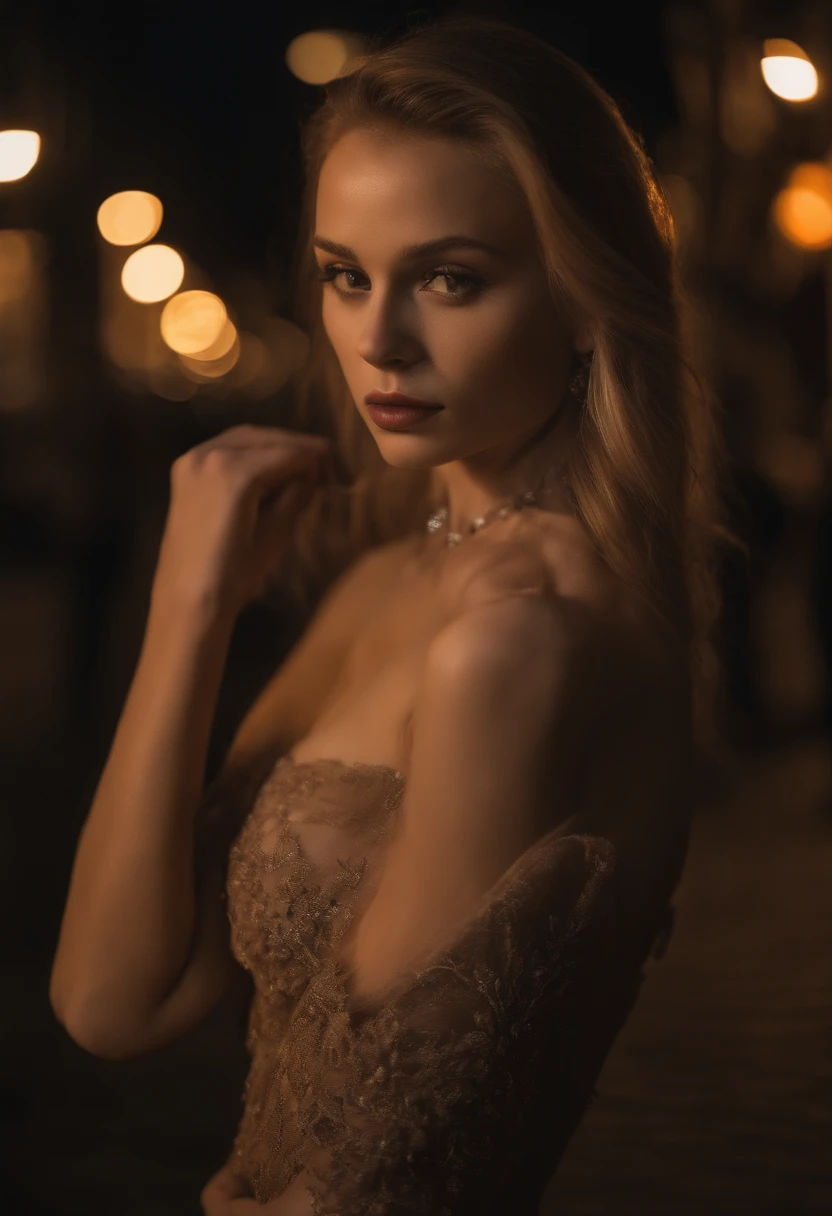 8k, Masterpiece, Photo brute, beste-Qualit, Fotorealistik, highly detailed CG Unity 8k wallpaper, profondeur de champ, cinematic light, Flaresi de lentille, Ray Tracing, (An extremely beautiful face, lovely lips, beaux yeux), Face with intricate details, (ultra-detailed skin), 1 fille, Sombre, dans les ombres profondes, Belle fille ukrainienne, Ukrainian model, 1 homme, (A very fit and muscular body:1.3), (Regarder le public), (UN GRAND LOOK TENACE:1.3), (Sans manches), (Fashion City by Night, Nuit noire, neon signs, blurred background), Fashionable street party, (with no people in the back:1.3), Beautiful earrings, Bracelets, collier, collants, yeux clairs, marche, (pale skinned), (Grands yeux), Face forward, (Tir sur le haut du corps), (une robe de couleur soie:1.3), (cheveux blonds), (Une robe moulante et en dentelle), (transparent), (Regarder le public:1.3) poitrine ouverte, mince, seins de taille moyenne, Ne tournez pas le dos, (Rear shot), transparent, Fesses de taille moyenne, in an evening