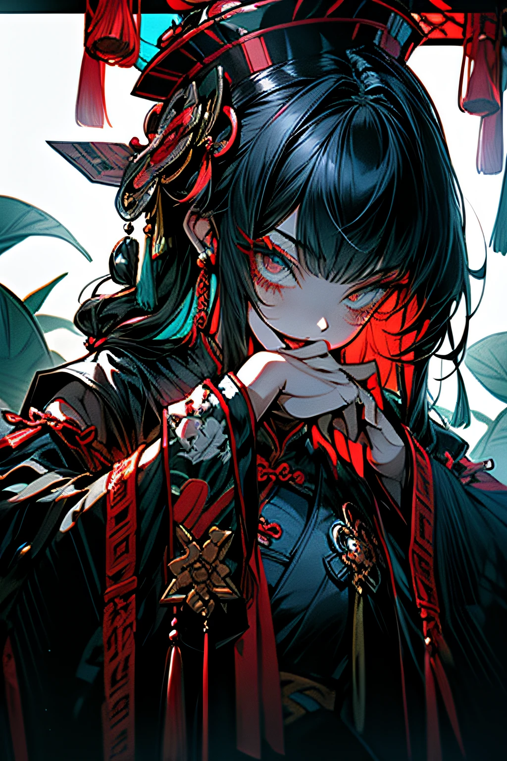 Chinese Gothic Punk、JIANGSHI style,Daughter of the Chinese emperor、Overwhelming intimidation、Emitting majesty from the whole body、Put your hands in your sleeves,(Comic Noir Style),(linear art_Anime),(solid color_highcontrast),(masutepiece, Best Quality, ),(Laura Bad Picture:1.2),(Lora Add Details:1.2),8K, Flat color:1.2,1girl in,JIANGSHI QUEEN SITTING ON A CRIMSON THRONE WEARING A HEAVY CLOAK,JIANGSHI,BEAUTY JIANGSHI、Very long hair、Chinese Opera style makeup,Luxurious costume with beautiful embroidery_Dragon and phoenix embroidery:1.2,(lora:add more detail:1.2)