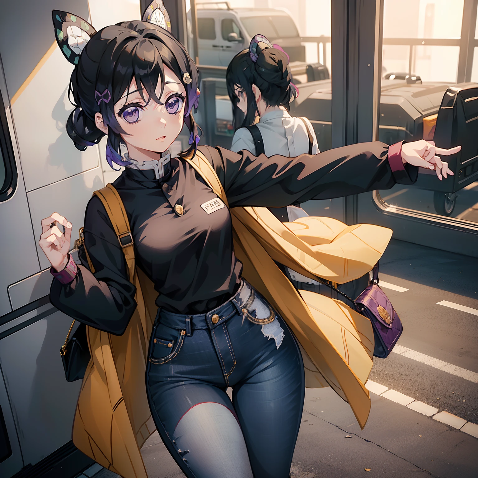 1 Girl, Shinobu Kocho ( Kimetsu no Yaiba) , tight Jeans, Black Shirt, small breasts, Holding Bag , inside a Train, Standing,