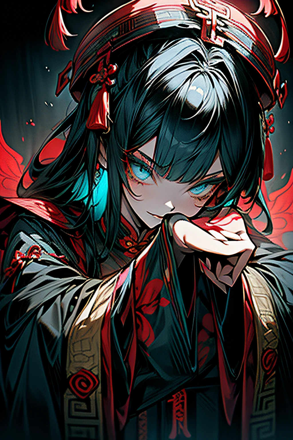 Chinese Gothic Punk、JIANGSHI style,Daughter of the Chinese emperor、Overwhelming intimidation、Emitting majesty from the whole body、Put your hands in your sleeves,(Comic ???? Style),(linear art_Anime),(solid color_highcontrast),(masutepiece, Best Quality, ),(Laura Bad Picture:1.2),(Lora Add Details:1.2),8K, Flat color:1.2,1girl in,JIANGSHI QUEEN SITTING ON A CRIMSON THRONE WEARING A HEAVY CLOAK,JIANGSHI,BEAUTY JIANGSHI、Very long hair、Chinese Opera style makeup,Luxurious costume with beautiful embroidery_Dragon and phoenix embroidery:1.2,(lora:add more detail:1.2)