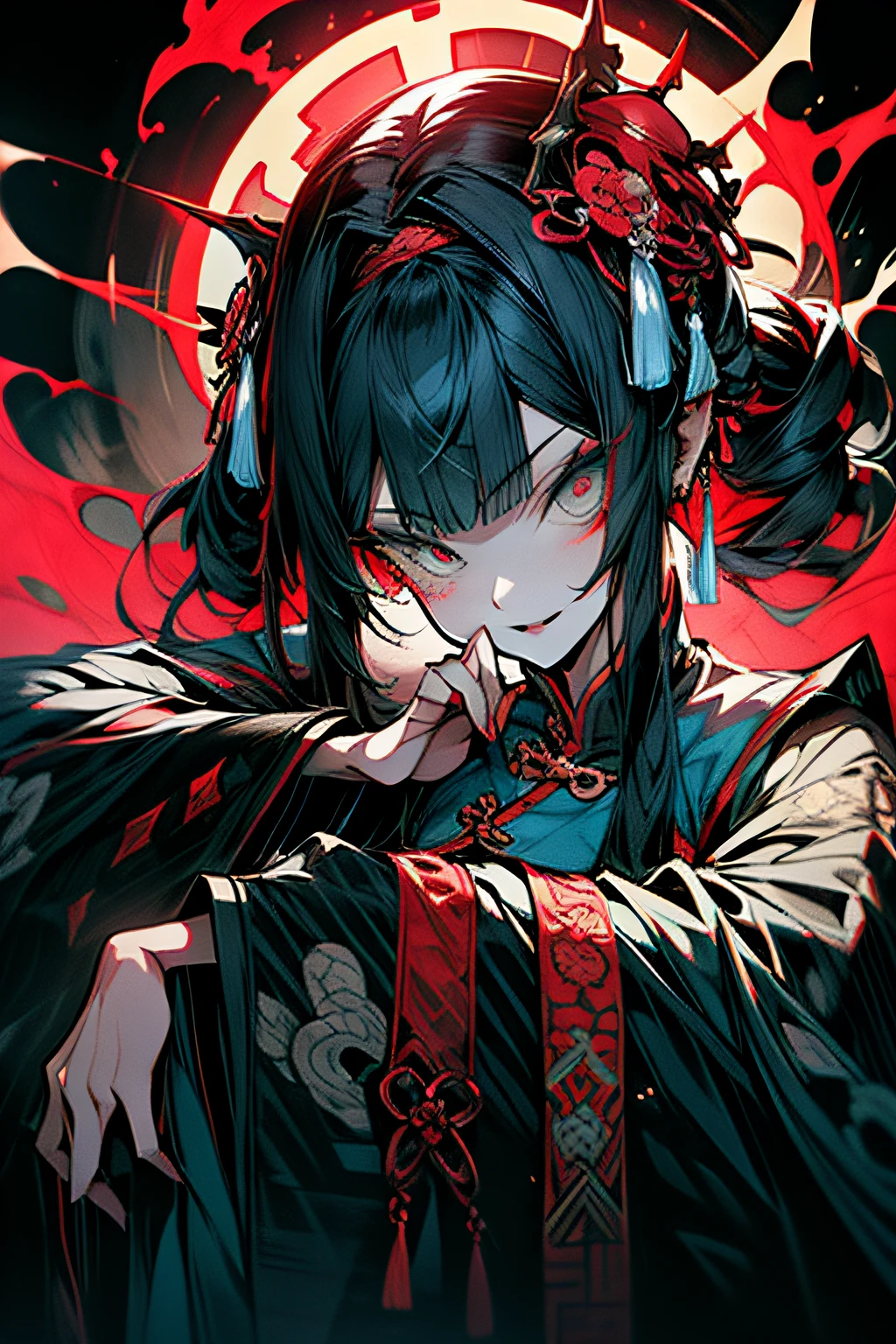 Chinese Gothic Punk、JIANGSHI style,Daughter of the Chinese emperor、Overwhelming intimidation、Emitting majesty from the whole body、Put your hands in your sleeves,(Comic Noir Style),(linear art_Anime),(solid color_highcontrast),(masutepiece, Best Quality, ),(Laura Bad Picture:1.2),(Lora Add Details:1.2),8K, Flat color:1.2,1girl in,JIANGSHI QUEEN SITTING ON A CRIMSON THRONE WEARING A HEAVY CLOAK,JIANGSHI,BEAUTY JIANGSHI、Very long hair、Chinese Opera style makeup,Luxurious costume with beautiful embroidery_Dragon and phoenix embroidery:1.2,(lora:add more detail:1.2)