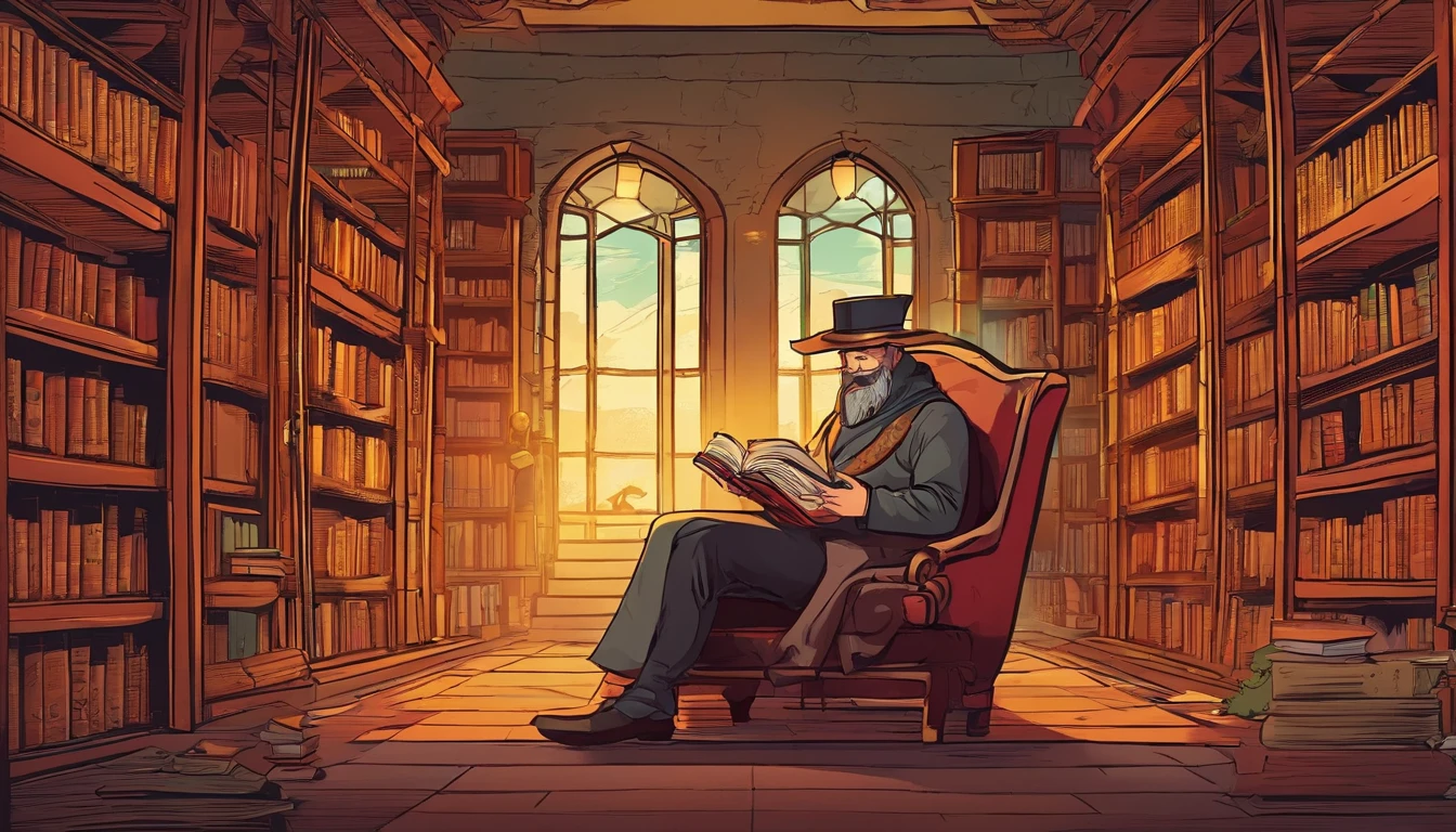 wise man reading a book inside an ancient library