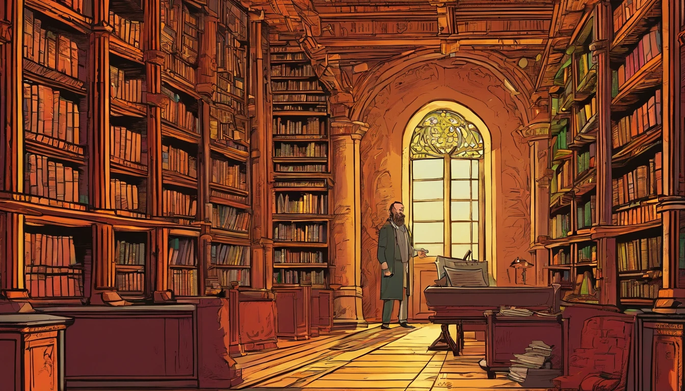 wise man reading a book inside an ancient library