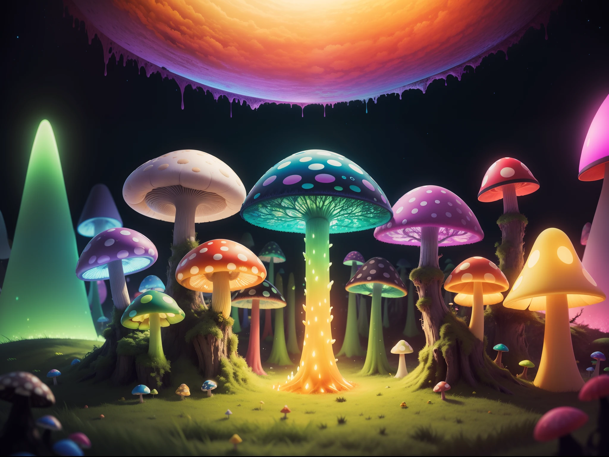 8k , viele details , hyperrealistisch , deviantart , psycedelic , mandelbrot fraktal , dichter und Bunter Pilzwald , viele Pilze psycedelic , unbekannter Planet , fremde Welt , Bei Nacht viele sterne , viele bunte farben , Bold colors , neon farben , dynamisches Licht , Mushroom , Pilze , Pilzwelt , surreal