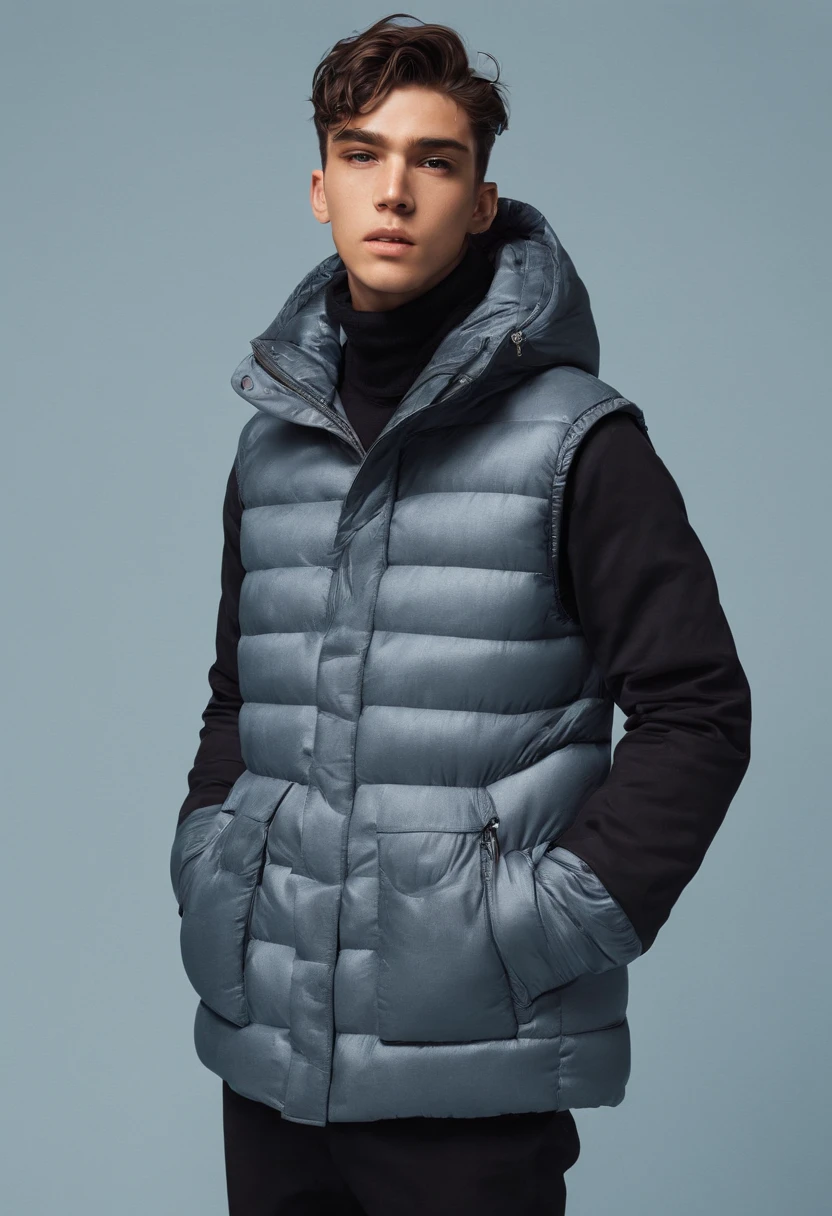 A man who knew to wear a jacket stands in front of the window, About 1 9 years old, wearing a vest, profile shot, Hooded, The front side is full, Cold as ice! 🧊, jacket, Young man, enes dirig, Puffy jacket, Dual front pockets, edited, Wearing a Hunter coat, Model wears puffy jacket, A highly detailed, formal art, unity 8k wallpaper, (Fashion magazine cover:1.3), BREAK，Graphic, Combat boots
, mandala