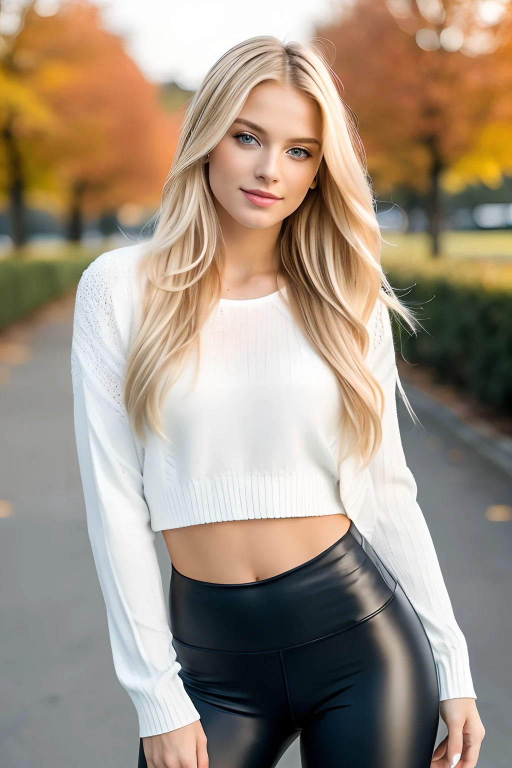 A beautiful woman with long blond hair, Tragen Sie ein bauchfreies Oberteil und Leggings, enges Hemd, Tragen eines engen Sporthemdes, weiches Licht von der Seite, beautiful blonde girl, Sexy girl, 24 year old female model, attractive girl, blonde goddess, Blonde girl, seitliche Pose, White sweater, attraktive Pose, Sexy Look, with natural light background, white top, Pose casual, enge Kleidung