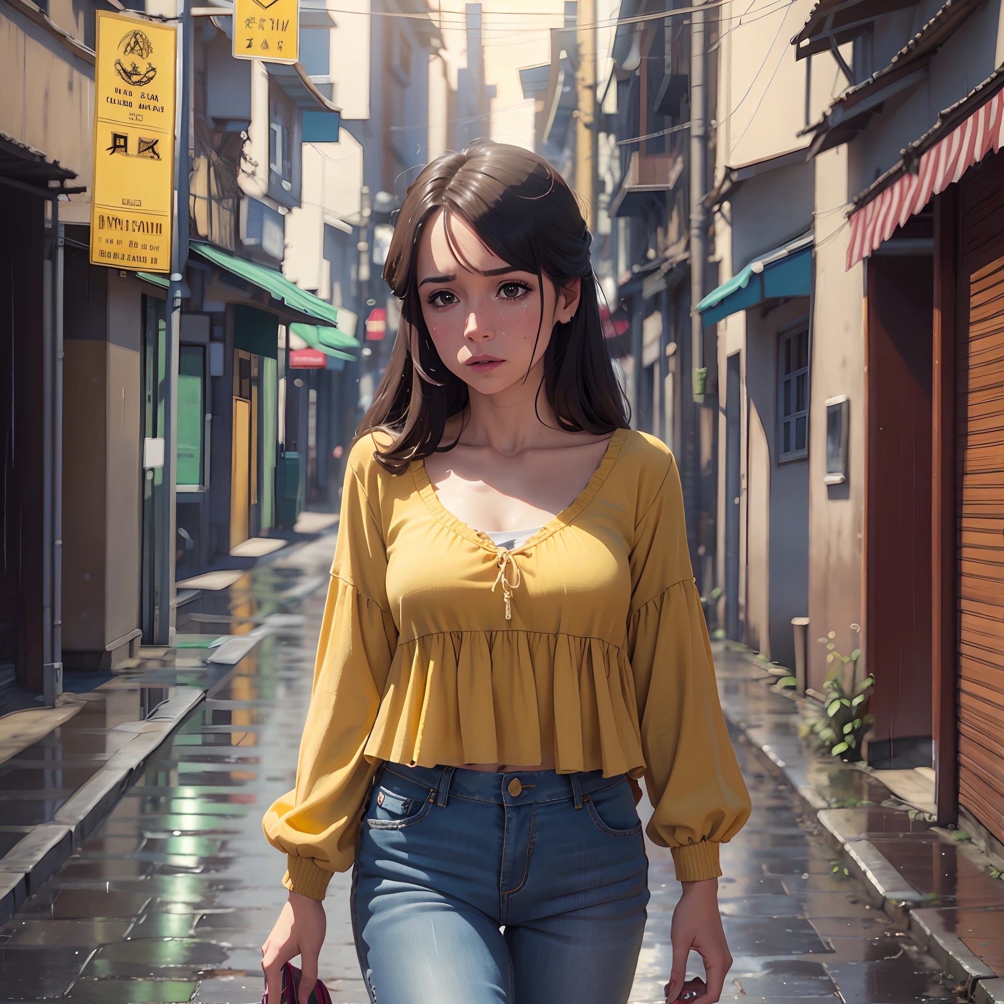uma mulher [(tristeza)], camisa amarela, jeans, , tear, tear, (roupas molhadas), (((chuva real))) , cabelo molhado, loiro, ondulado, uma rua deserta, Alone, caminhando pela rua sozinha, muita chuva, roupa molhada. --auto --s2