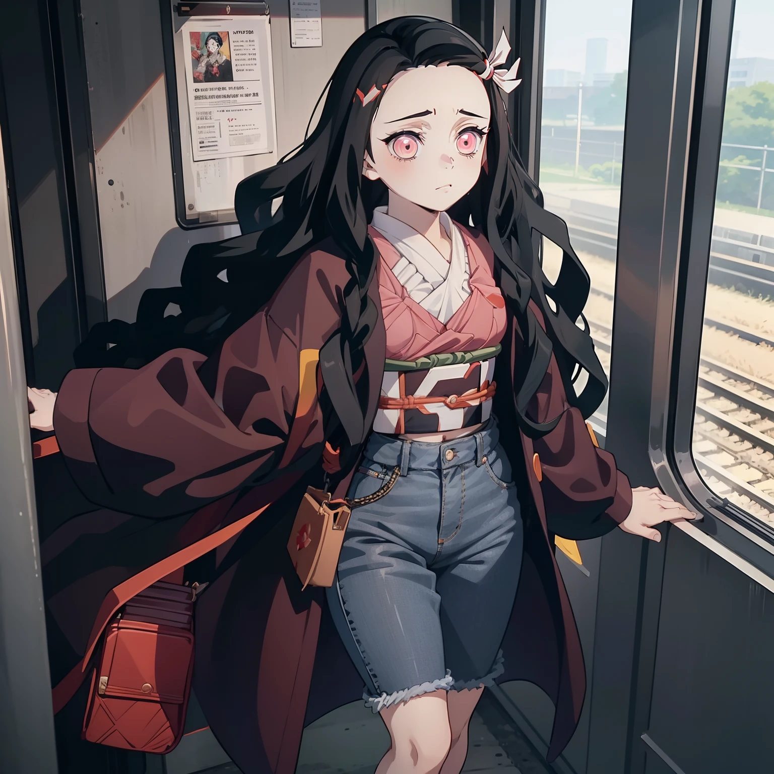 1 Girl, Nezuko Kamado ( Kimetsu no Yaiba) , tight Jeans, Black Shirt, small breasts, Holding Bag , inside a Train, Standing,