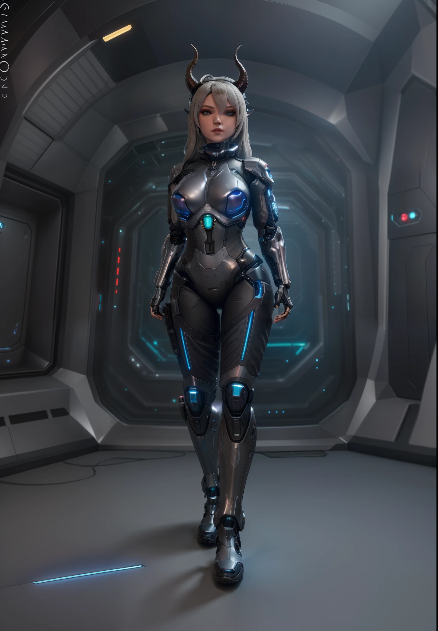 "um close up de uma pessoa em um terno futurista com uma arma, goth cybersuit, sci fi female character, em mecha cyber armor, meninague bonito, menina comer ciborgue, sci - personagem de fi, cybernetic suit, mulher ciborgue perfeita do anime, armadura brilhante preta, female cyborg, 3 d render arte do caractere 8 k, clothed in cyber armour, cyber suit, horns, horned, devlish, demonica, demon lady"