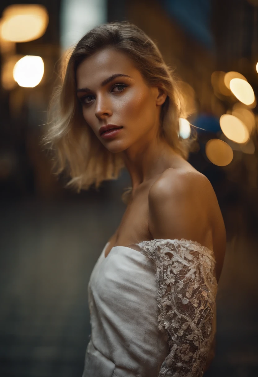 8k, Masterpiece, Photo brute, beste-Qualit, Fotorealistik, highly detailed CG Unity 8k wallpaper, profondeur de champ, cinematic light, Flaresi de lentille, Ray Tracing, (An extremely beautiful face, lovely lips, beaux yeux), Face with intricate details, (ultra-detailed skin), 1 fille, Sombre, dans les ombres profondes, Belle fille ukrainienne, Ukrainian model, 1 homme, (A very fit and muscular body:1.3), (Regarder le public), (UN GRAND LOOK TENACE:1.3), (Sans manches), (Fashion City by Night, Nuit noire, neon signs, blurred background), Fashionable street party, (with no people in the back:1.3), Beautiful earrings, Bracelets, collier, collants, yeux clairs, marche, (pale skinned), (Grands yeux), Face forward, (Tir sur le haut du corps), (une robe de couleur soie:1.3), (cheveux blonds), (Une robe moulante et en dentelle), (transparent), (Regarder le public:1.3) poitrine ouverte, mince, seins de grande taille, Ne tournez pas le dos, (Rear shot), transparent, Fesses de taille moyenne, dans un club